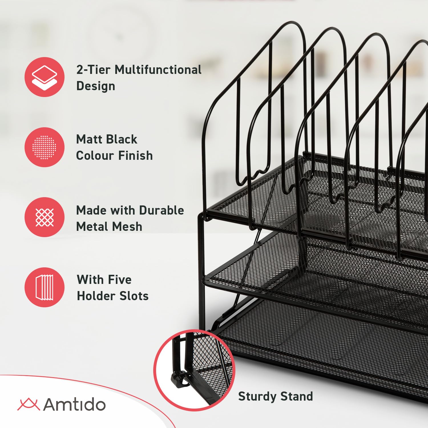 Amtido Mesh Schreibtisch-Organizer mit Ablage & 5 Fächern - Ablage für Ordner, Dokumente, Papier & Briefe - Schreibtischzubehör für Zuhause & Büro - REgal für Bürobedarf – Schwarz