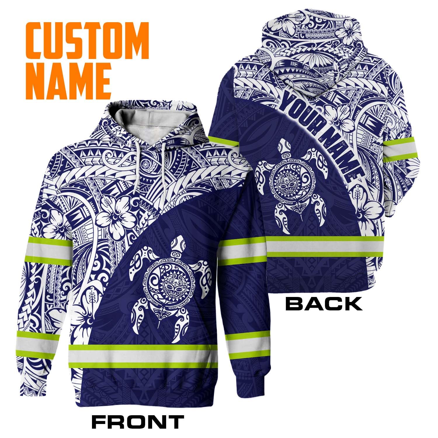 Matedecor High Visibility Hoodie Men Reflective Safety Hoodie Blue White Turtle Hawaiian Polynesian Tribal Custom Name Workwear For Worker, Runners, Walkers, Truckers