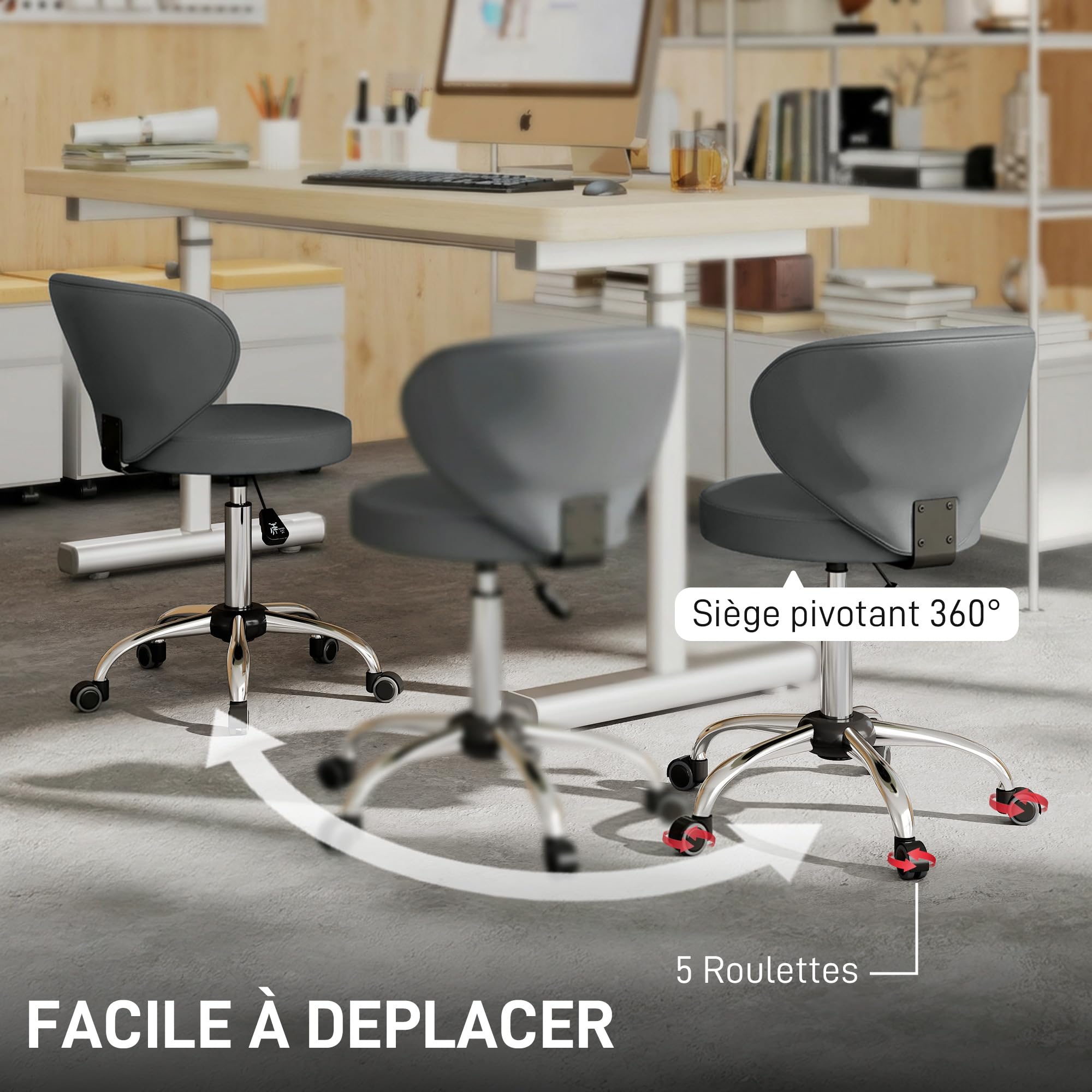 HOMCOM Tabouret à roulettes, Tabouret de Massage en PU avec Hauteur réglable 73-88cm et Dossier, Chaise de Travail pivotant 360°, Cadre en Acier, pour Salon de Massage, Tatouage, Clinique, Spa, Gris