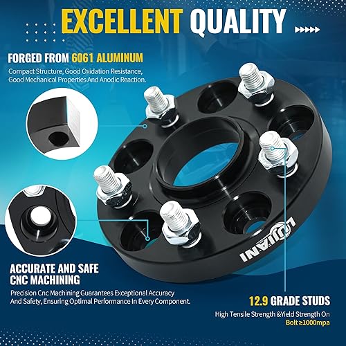 Miniatura 4 de LUJIANI Espaciadores de rueda de 5 lengüetas de 5 x 4.5, 0.787 in, 0.197 x 4.500 in, espárragos M12x1.5, espaciadores forjados centrados en el