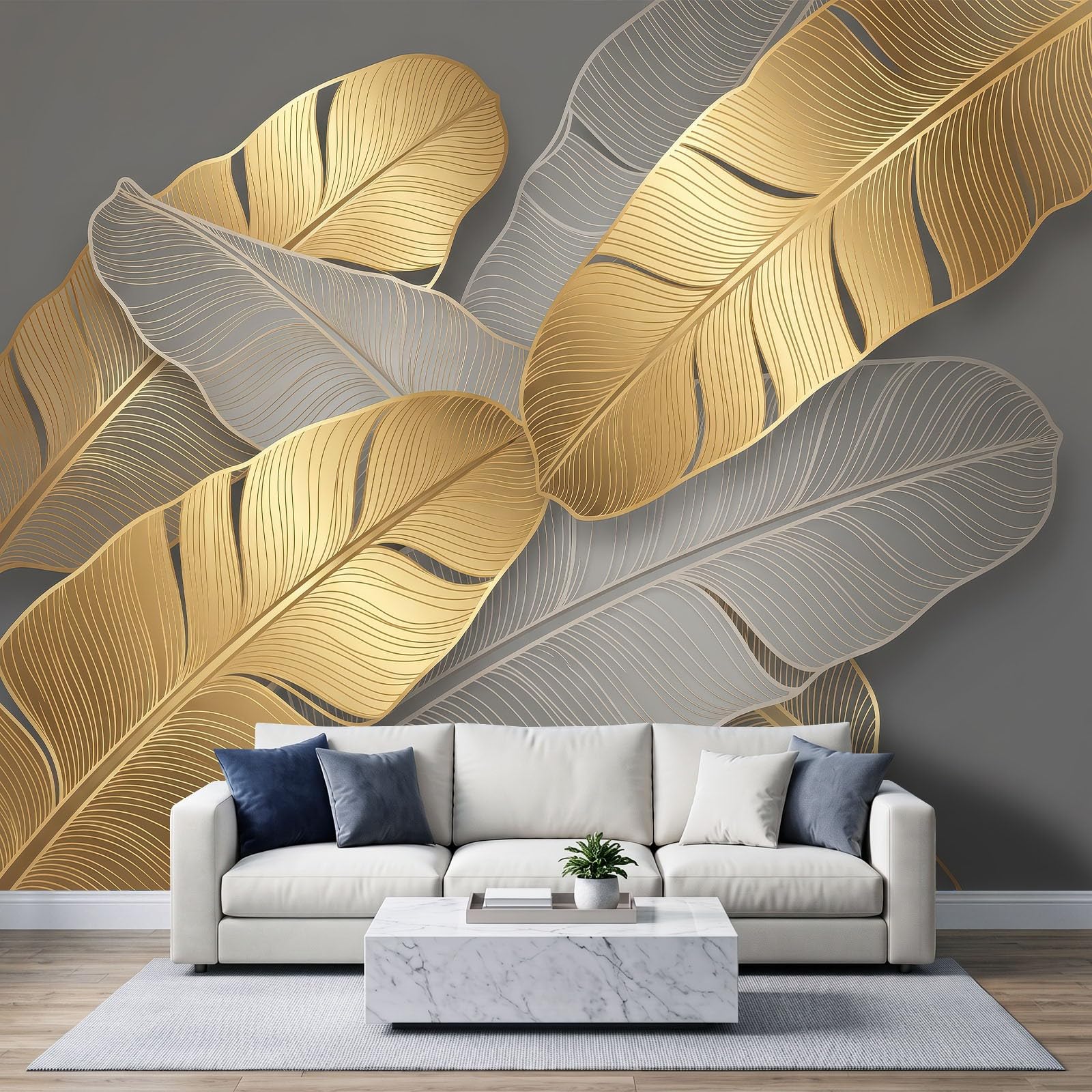 Panoramiczna tapeta z włókniny 350 x 256 cm minimalistyczny styl botaniczny, ciemnoszare tło złote liście bananowca fototapeta, do salonu dekoracja ścienna do pokoju dziecięcego