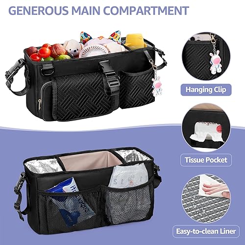 Miniatura 4 de Organizador de cochecito de consola para padres compatible con WONDERFOLD W2&W4&X, carrito de cochecito con 2 portavasos aislados, una bolsa