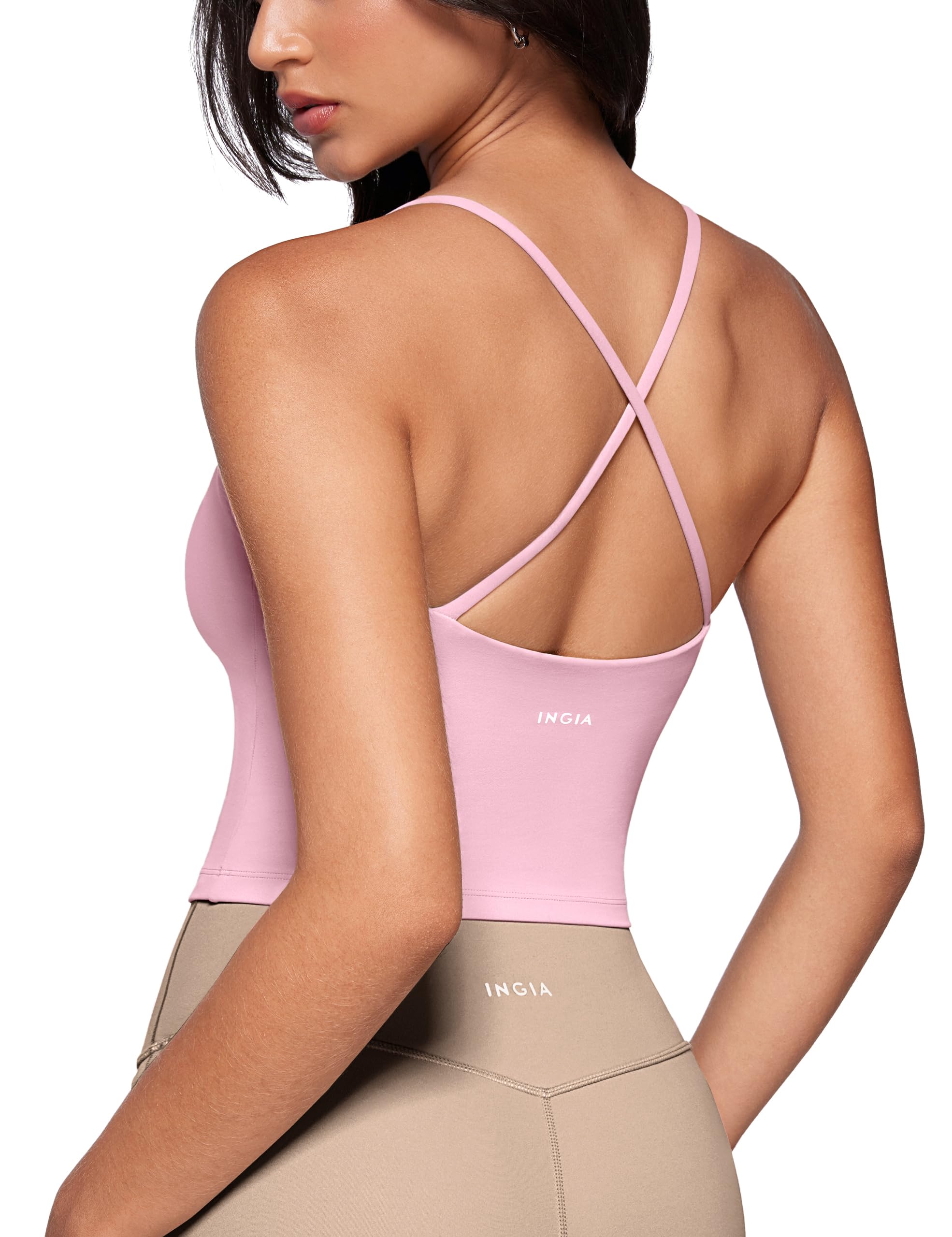 Womens Low Scoop Neck Tank Tops Built in Bra U Back Workout Tanks Spaghetti Criss Cross Strap Sleeveless