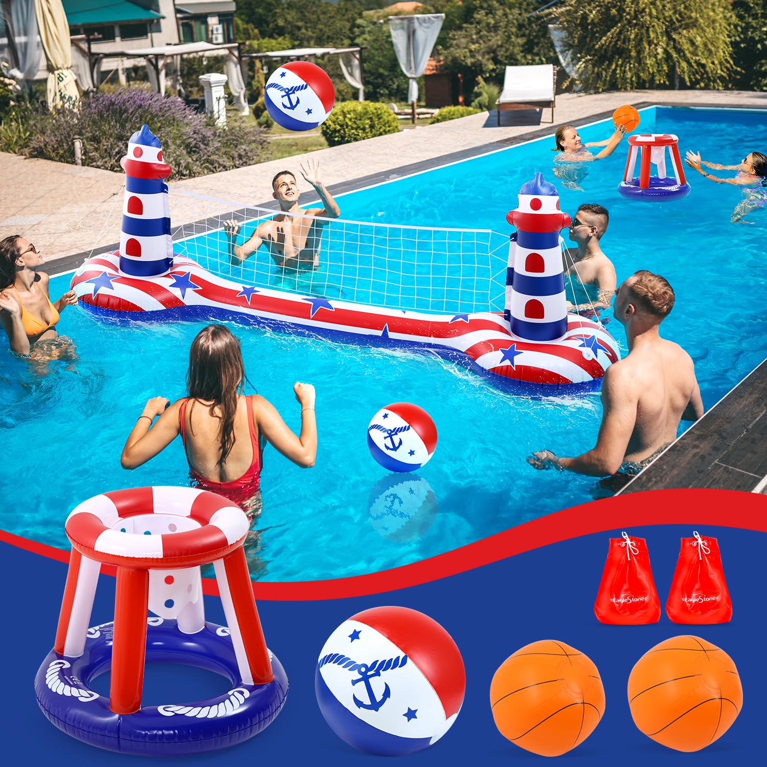 EagleStone Set di rete da pallavolo per piscina con canestro da basket, set di galleggianti gonfiabili per piscina con bandiera americana, rete da pallavolo e canestro da basket