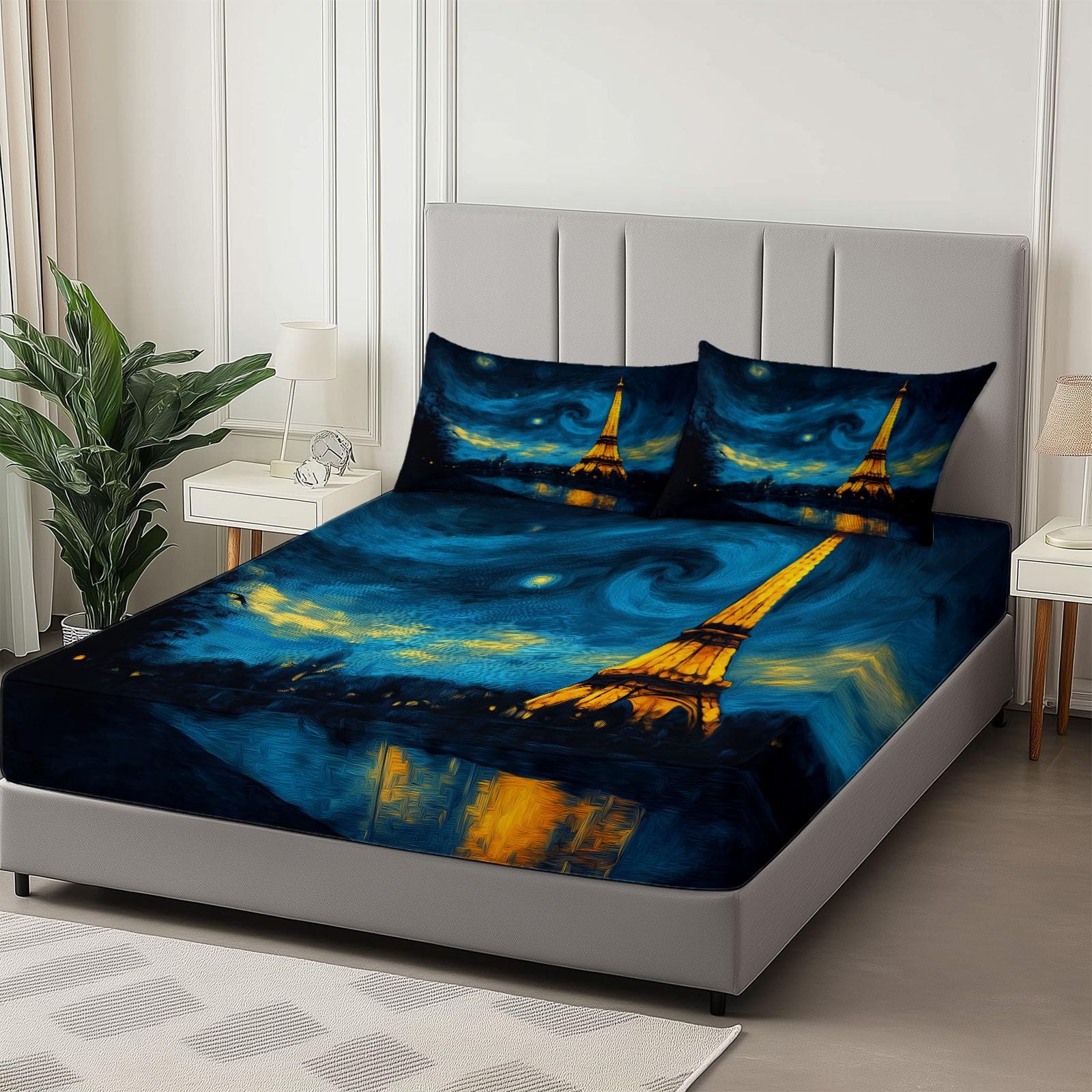 Film Notte Stellata Torre Eiffel Lenzuola con Angoli Lussuose, Blu scuro Lenzuolo con Angoli per Bambino e Adulto, 180 x 200 cm Profondità 30 cm, Lenzuola Resistenti allo Sbiadimento