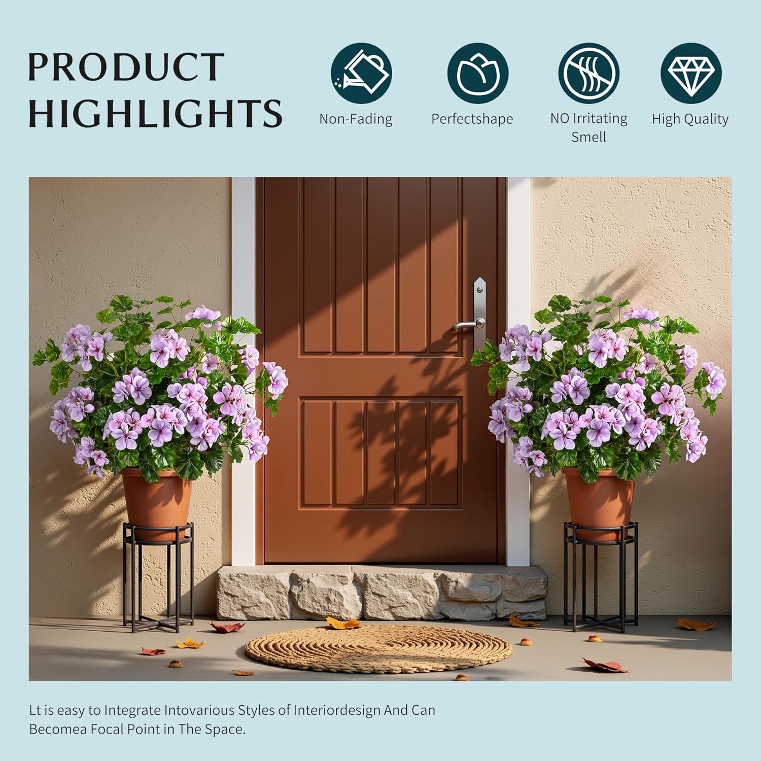 Artificial Flowers for Outdoors Artificial Geraniums for Indoor Fake Flowers Uv Resistant Artificial Outdoor Flowers Suitable for Indoor Home Decor Outdoor Garden Decor (Purple, 8PCS,17.7In)