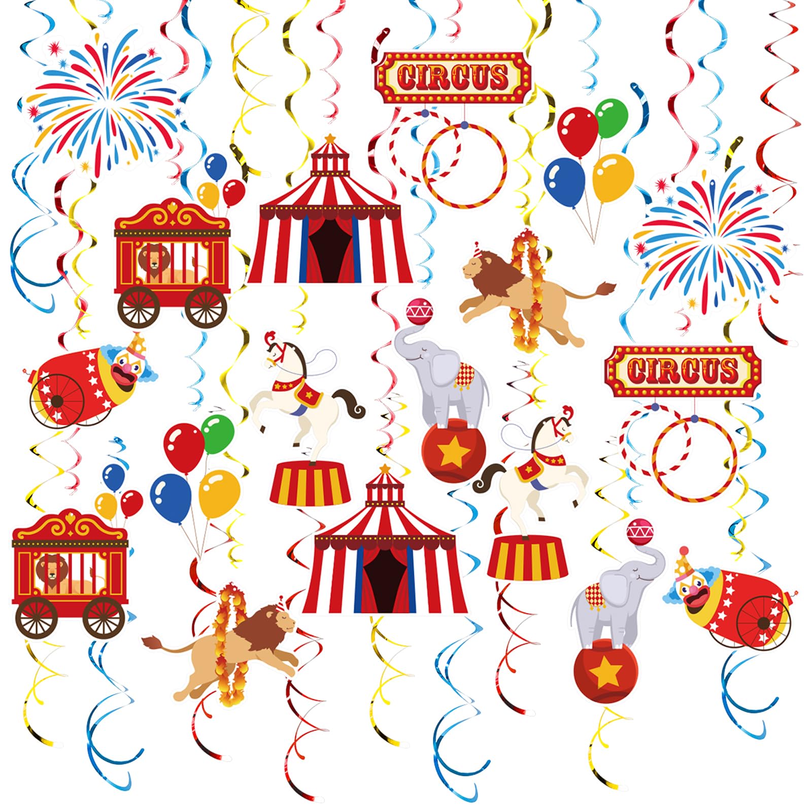 Vsosfiza Carnival Hanging Swirl Set Party Decorations, 48 Pcs, Circus Joker Balloon Party Supplies Sign,Red Blue Yellow