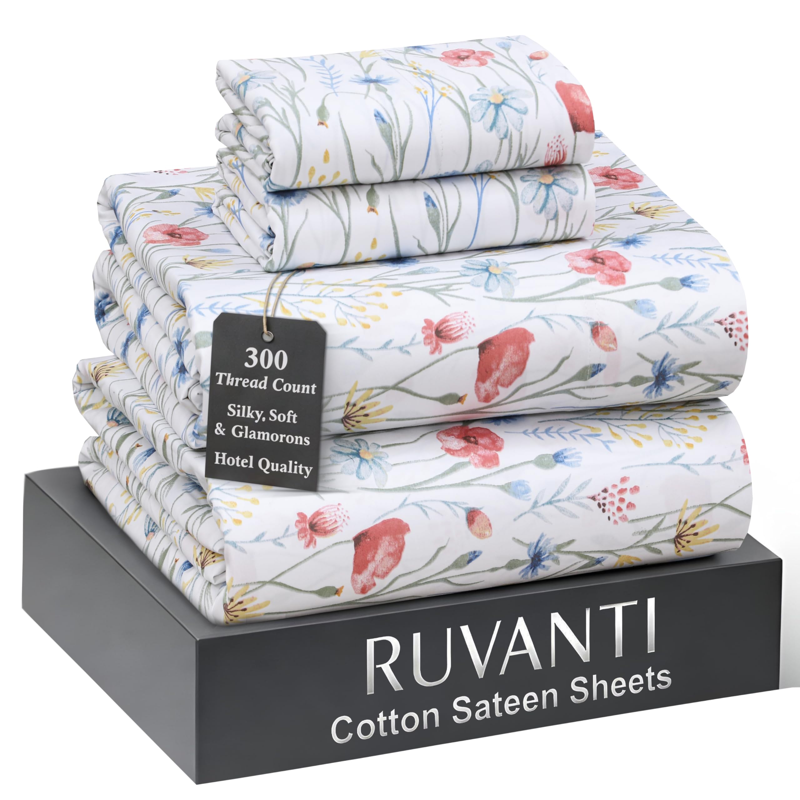 RUVANTI 100% Cotton Sheets California King Size Bed Set - 300 Thread Count Silky Soft Sateen Weave,Cooling, Lightweight & Breathable,14" Deep Pocket,