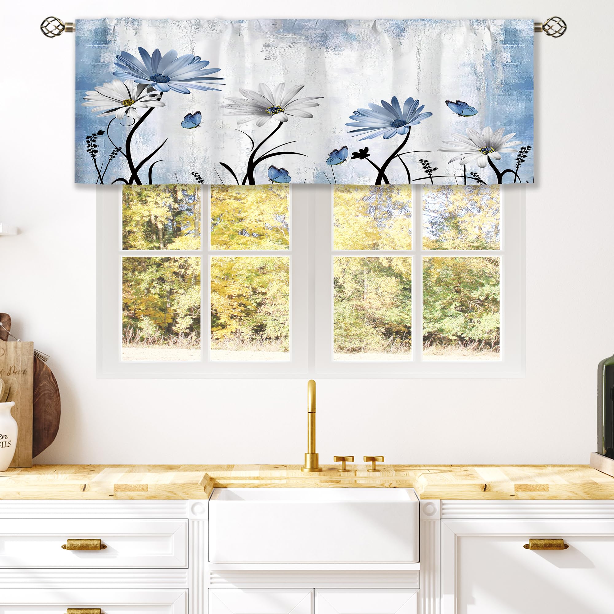 Laifzere Rustic Blue Daisy Floral Curtain Valance for Window Treatments Farmhouse Flower Rod Pocket Kitchen Treatment Butterfly Country Drapes for Bathroom Bedroom Living Room 1 Panel (52x18 Inch)