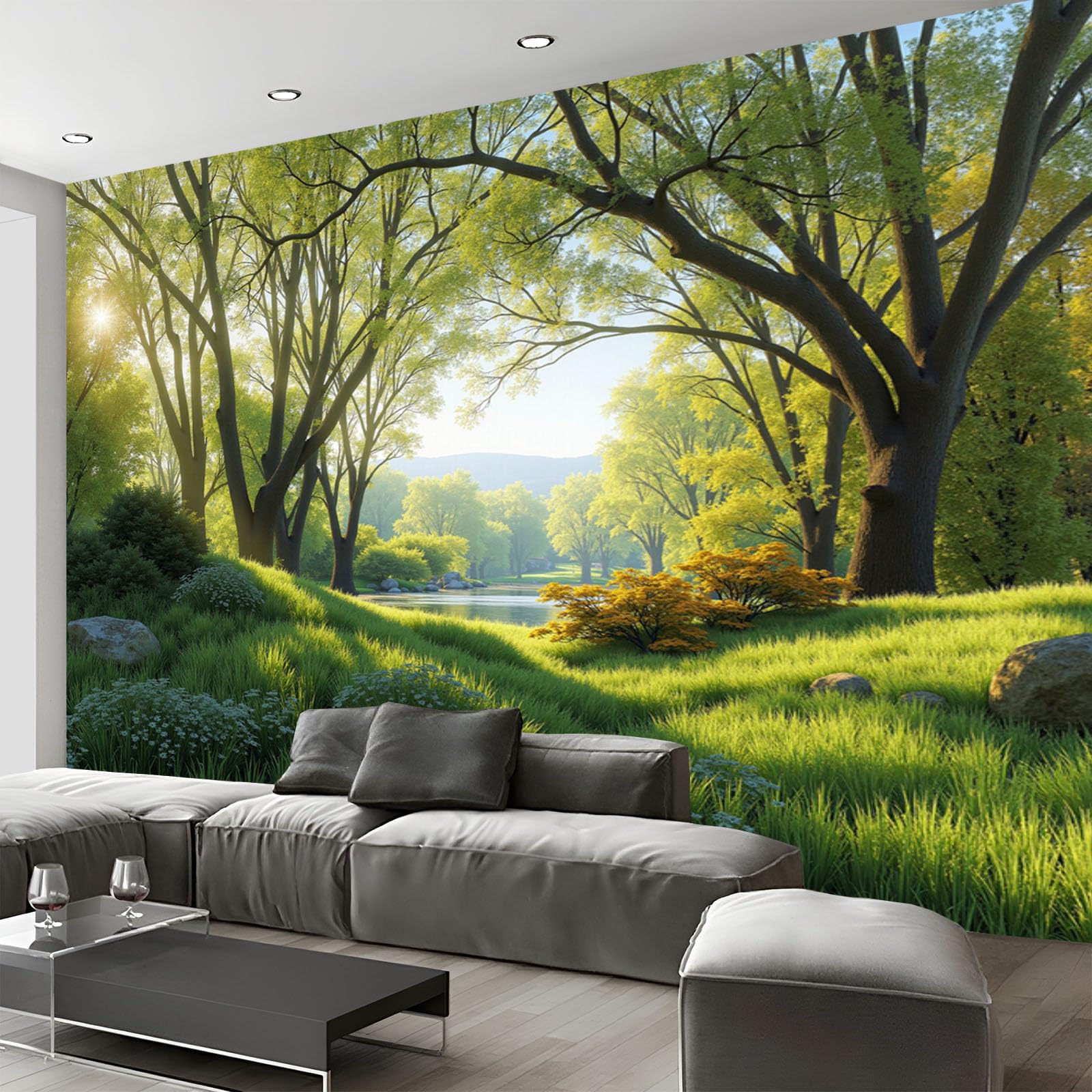 Carta da Parati Panoramica Primavera Prato Boschi Piante Foto Wallpaper Poster Gigante Design 300×210cm Murale Decor della Parete Soggiorno Camera da Letto Carta da Parati