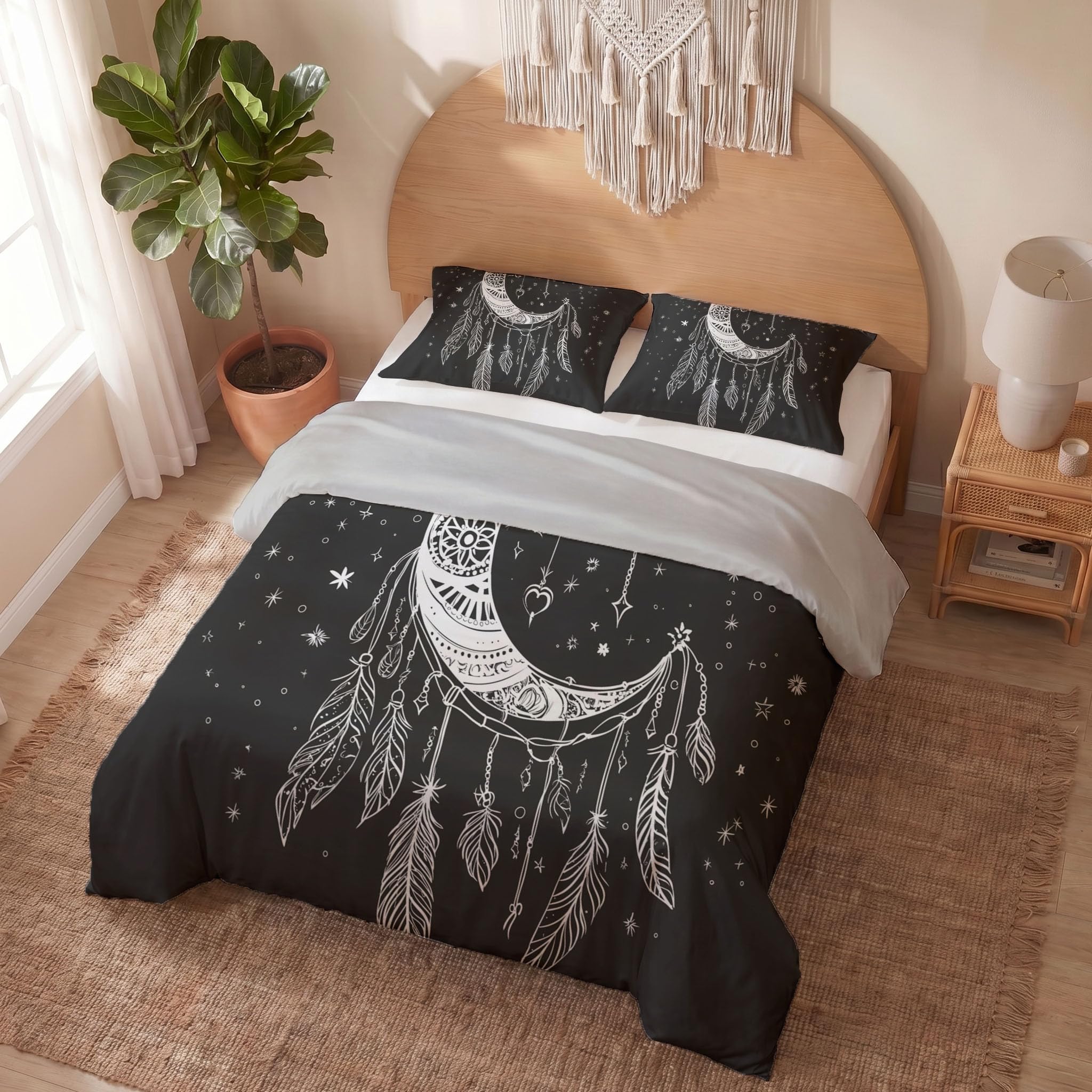 Housse de couette 220x240 attrape-rêves lune bohème noire et blanche