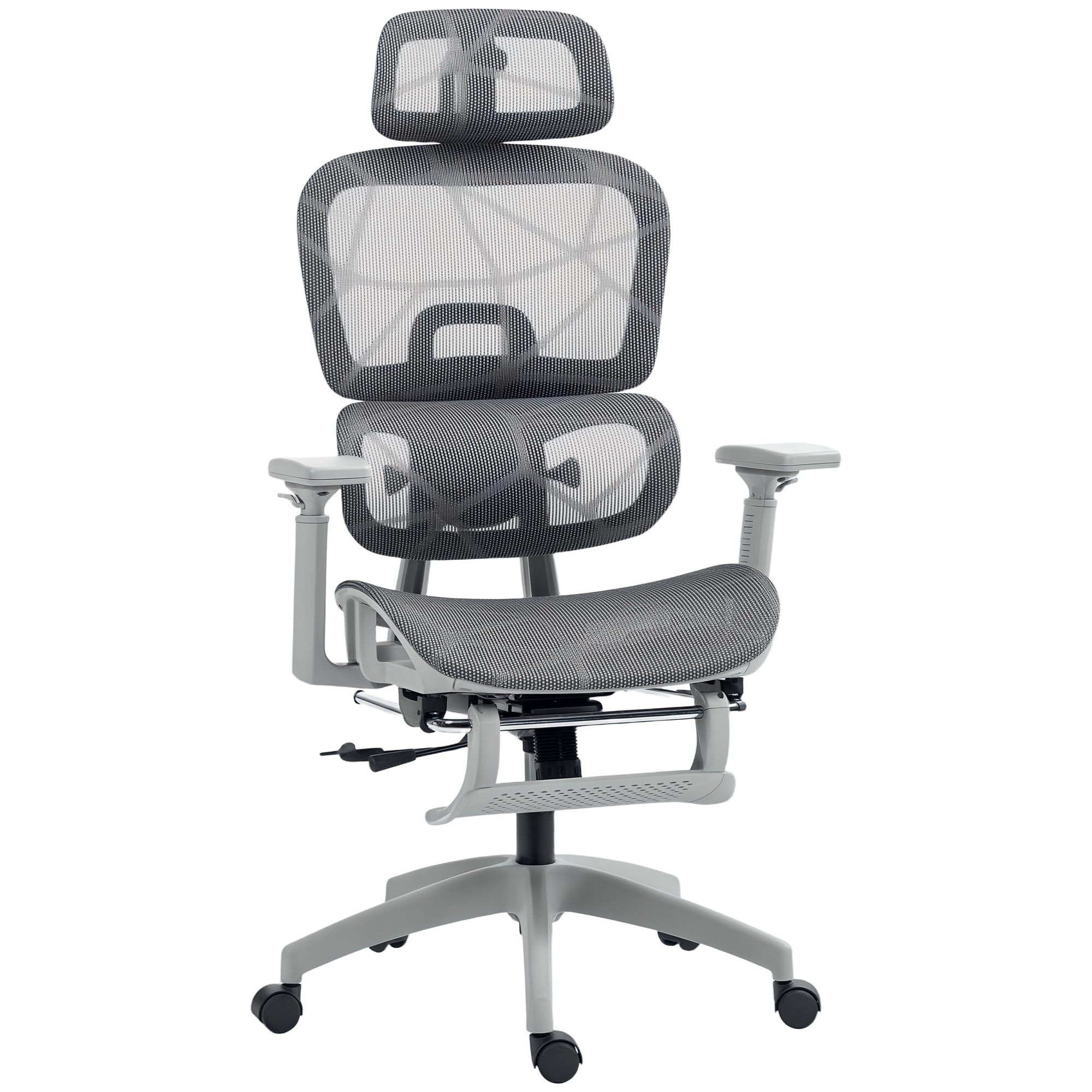 HOMCOM Ergonomic Office Chair, Swivel Recliner, Headrest, Grey | Mesh High Back Computer Desk Chair, 4 Level Adjustable Back, Adjustable Lumbar Support, 3D Armrest, Footrest