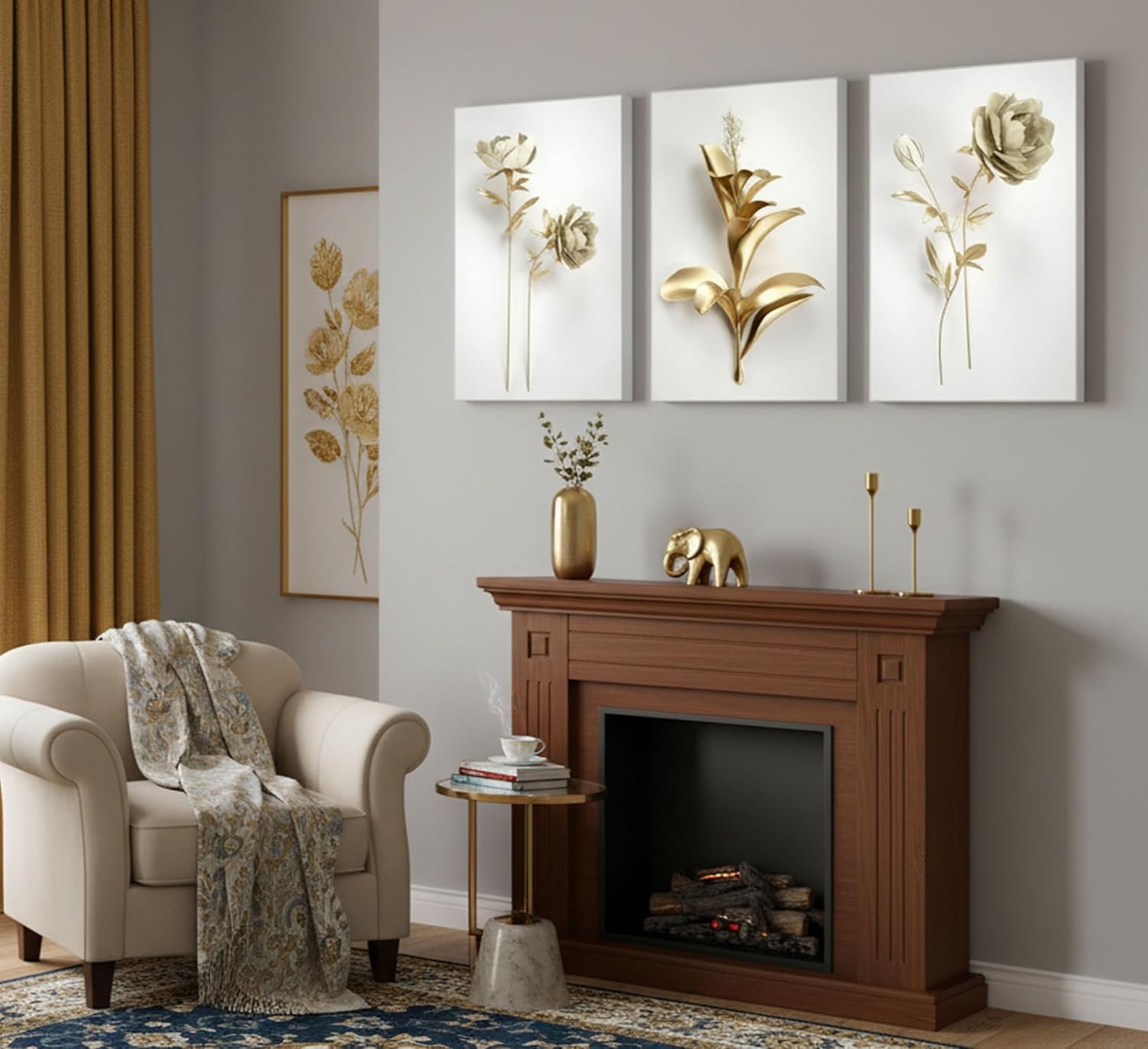 3Pcs Abstract Golden Flower Canvas Wall Art Modern Luxury Minimalism Nordic Floral Plant Painting Picture Wall Decor Poster Print Artwork for Living Room Bedroom Home Decoration