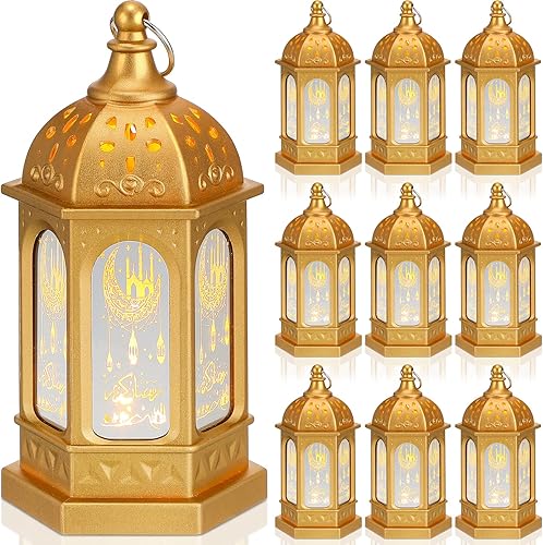 Farol de vela de Ramadán estilo marroquí vintage decorativo farol dorado marroquí portátil portavelas hexagonal luz Eid con patrón de luz de