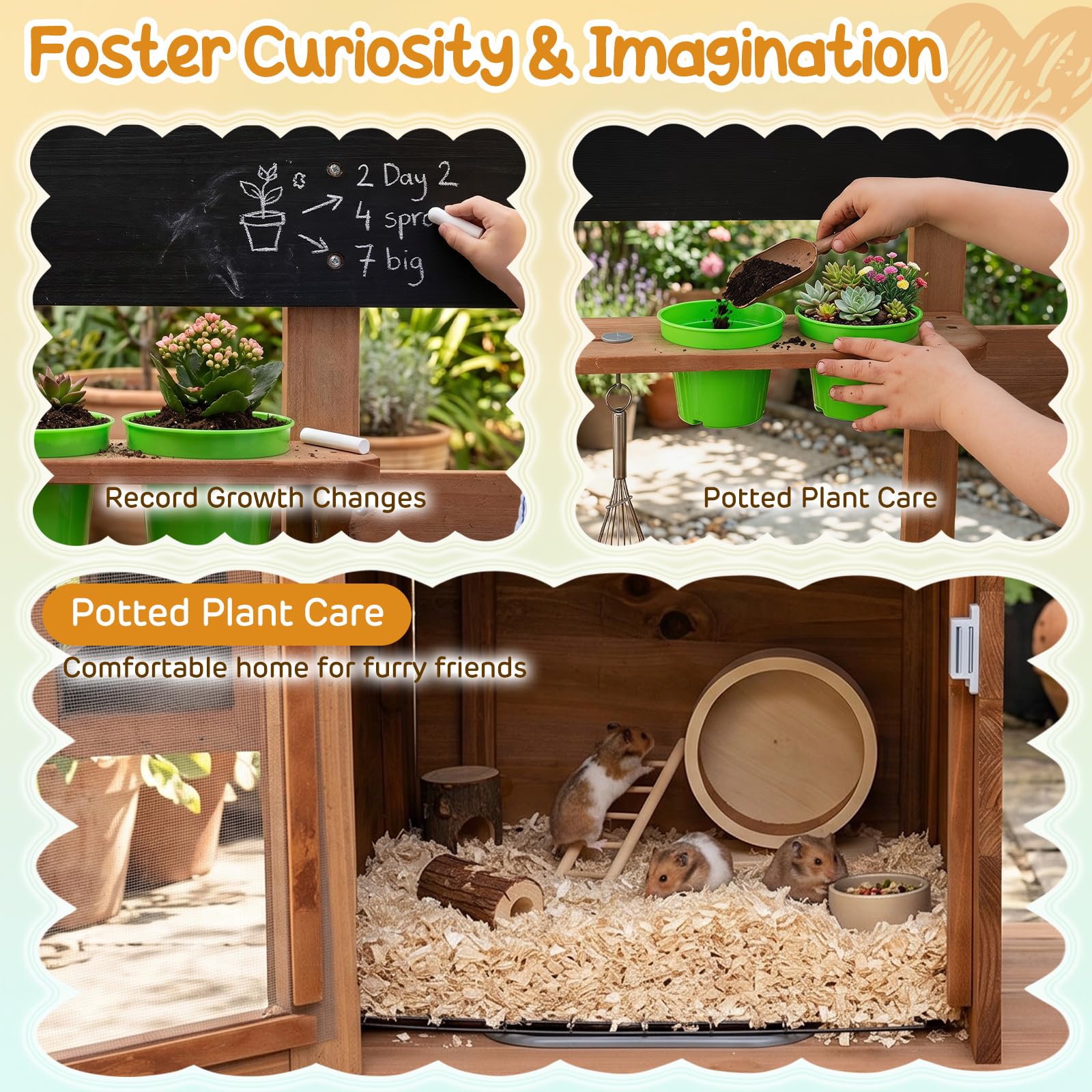 HOMASIS Cucina Giocattolo da Esterno per Bambini 3+ Anni, Cucinetta in Legno Massello con Gabbia, Vano Allevamento, Fioriera, Lavagna, Contenitore e Accessori, Chef Gioco Montessori per Sabbia e Acqua