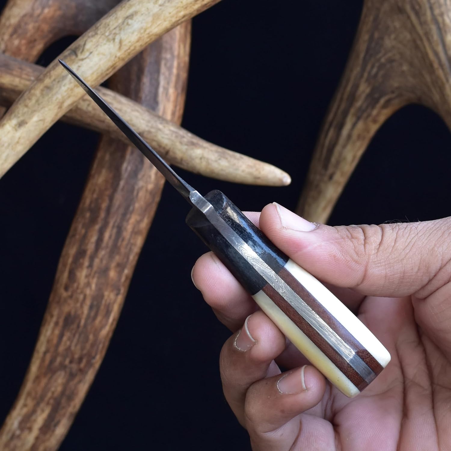 Knives Ranch Handmade Necklace Knife – 5.25" Fixed Blade EDC Knife, 2.5" Razor Sharp Damascus Steel Blade, Natural Bone Handle with Micarta Bolster, Leather Sheath with Paracord Neck Carry