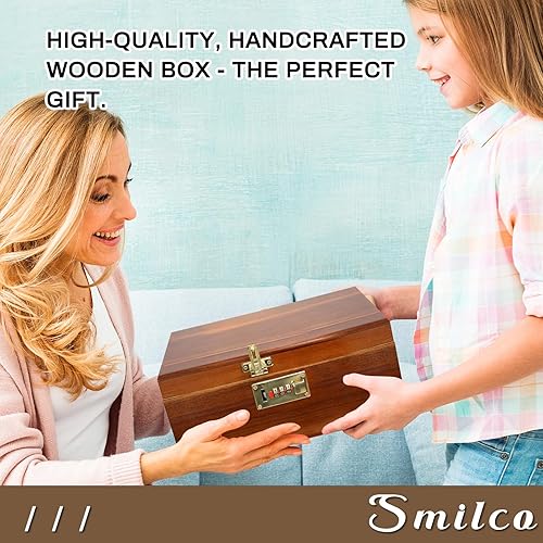 Miniatura 7 de Smilco Caja de almacenamiento de madera con tapa con bisagras, madera de acacia, hecha a mano, caja de madera para recetas decorativas o como