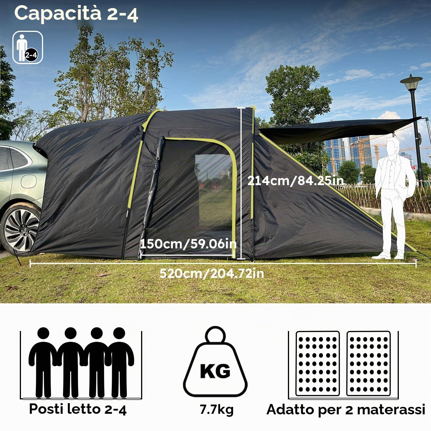 Tenda posteriore auto per 6 persone, grande tenda posteriore SUV con impermeabile Canopy, 300 x 300 x 220 cm, tenda posteriore auto combinata con colonna d'acqua da 3000 mm, tenda posteriore per SUV