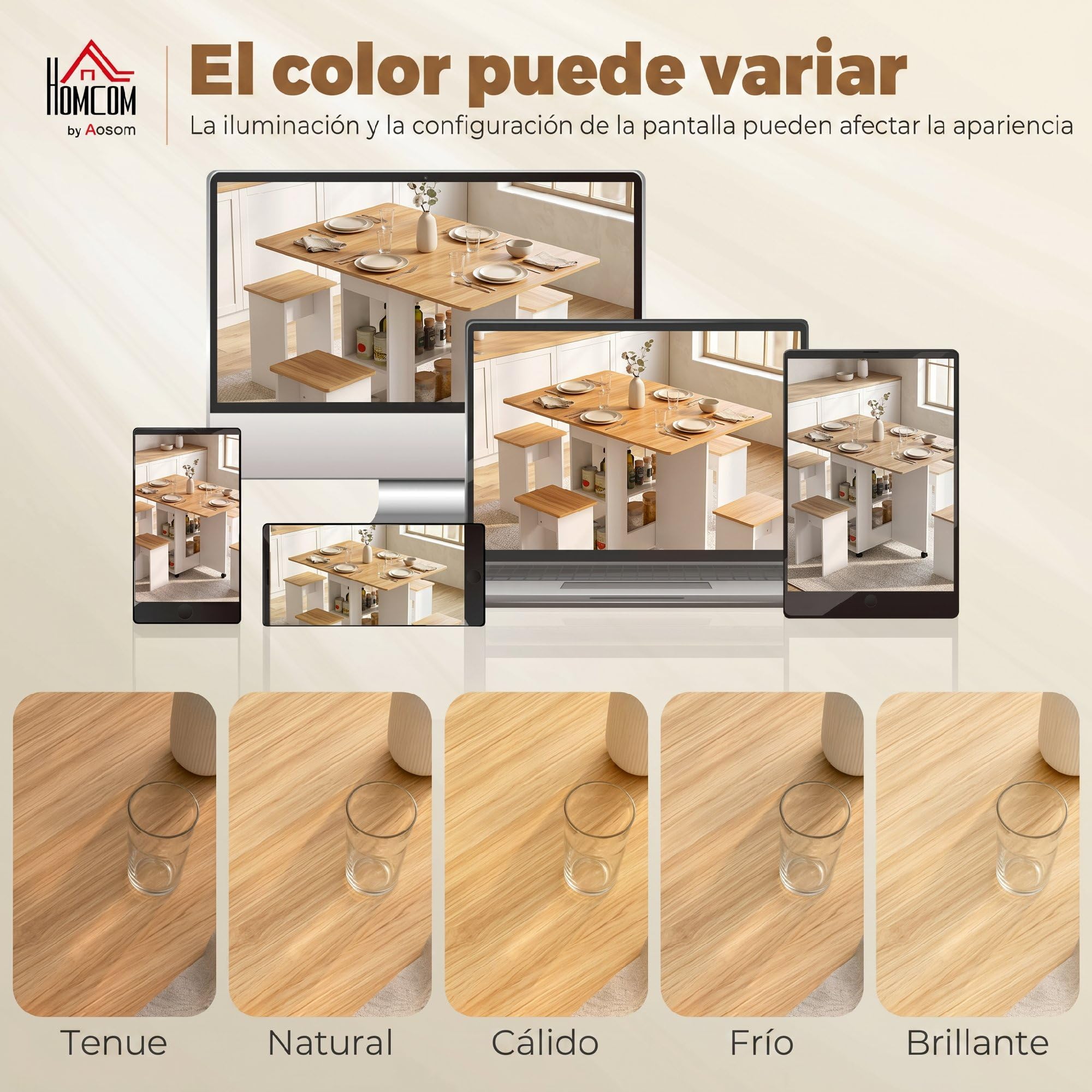 HOMCOM Conjunto Mesa y 4 Sillas de Comedor para 4 Personas Roble | Mesa de Comedor Plegable con Taburetes Ocultos, 2 Alas Abatibles, Ruedas, Estantes, Ahorro de Espacio