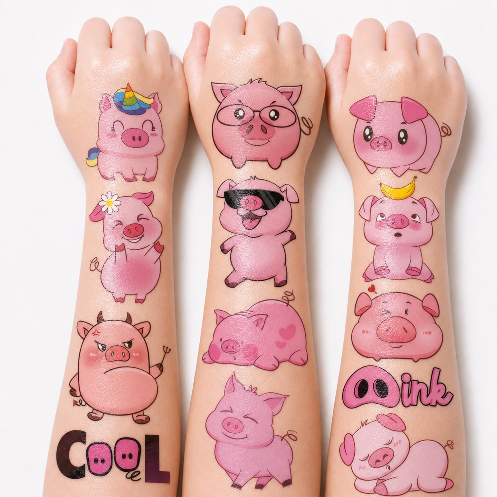 96 PCS Pre-Cut Pig Temporary Tattoos for Kids