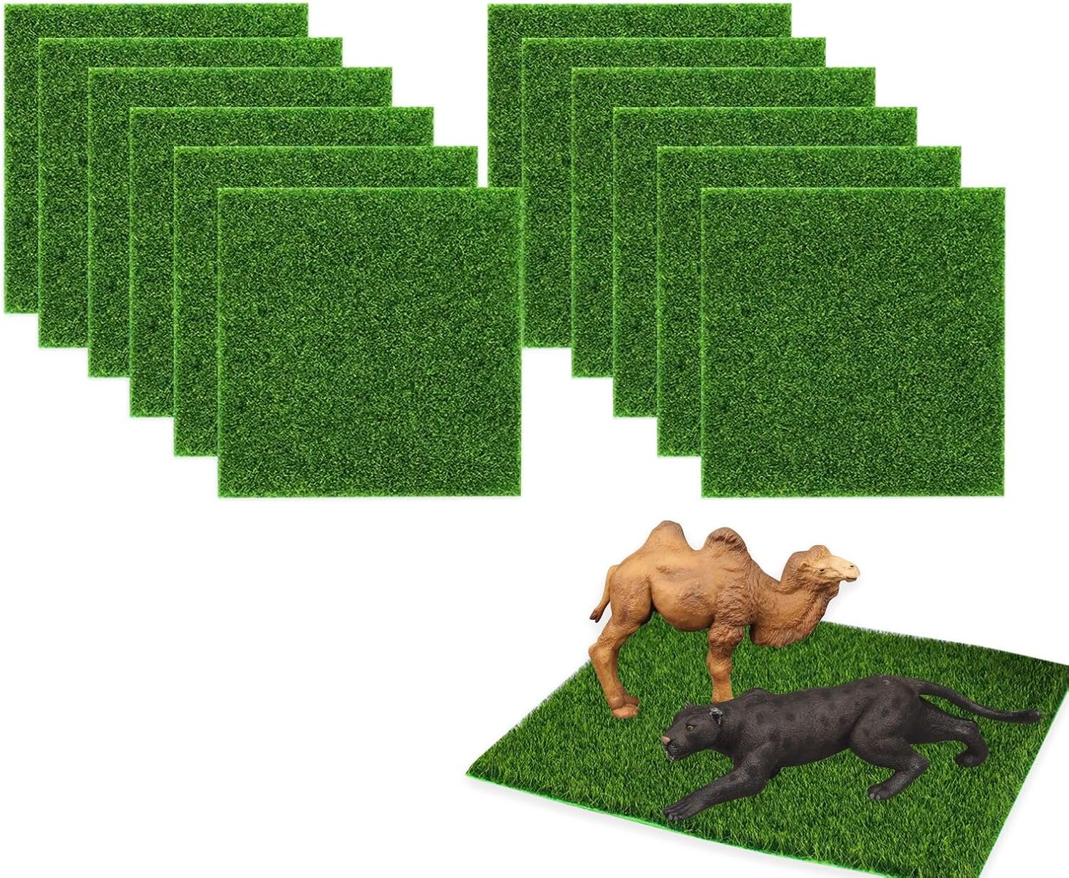 12 Pcs Fake Grass Craft Mats (2 Packs) Mossy Artificial Turf, Premium Fairy Garden Grass and Dollhouse Grass for Mini DIY Projects, Small Garden Ornaments (Green)