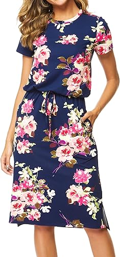 Simier Fariry Vestido de viaje para mujer, con bolsillos, manga corta, largo hasta la rodilla, con bolsillos, para mujer, estilo casual, para el