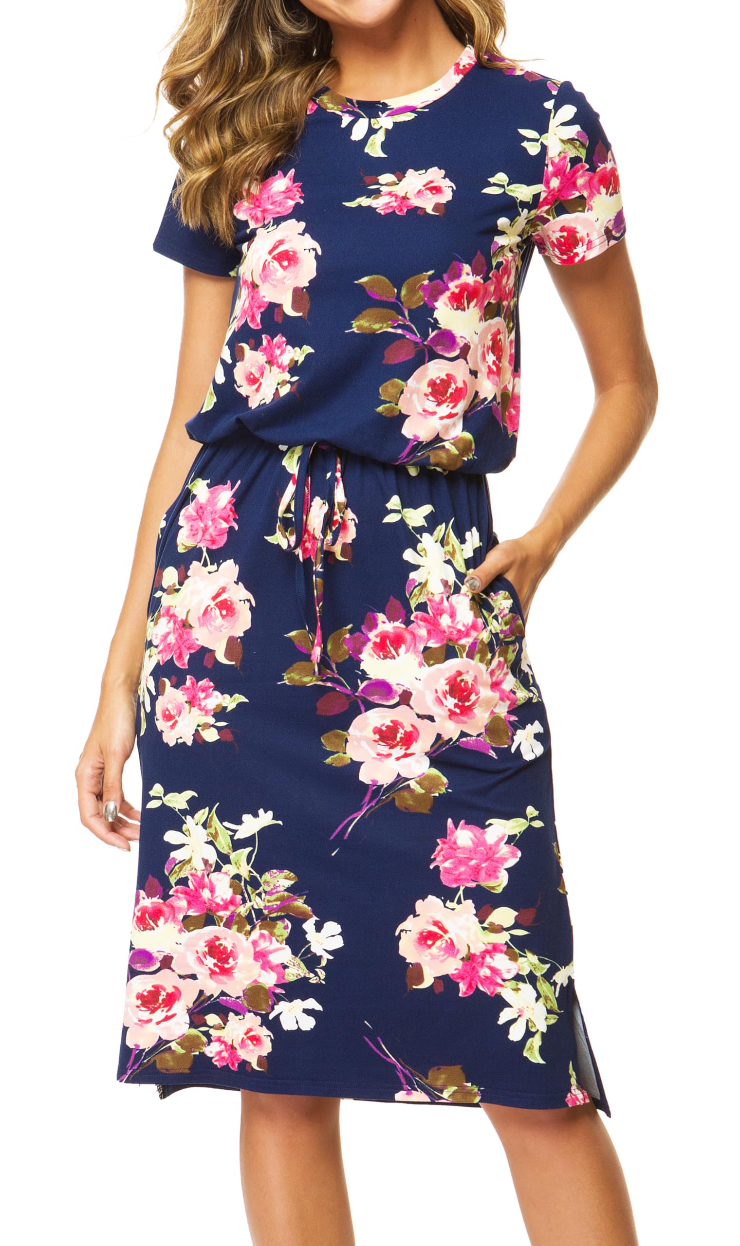 Women Summer Midi Knee Casual Dress Pocket Hide Belly Short Sleeve Spring Work Travel Teacher Outfit