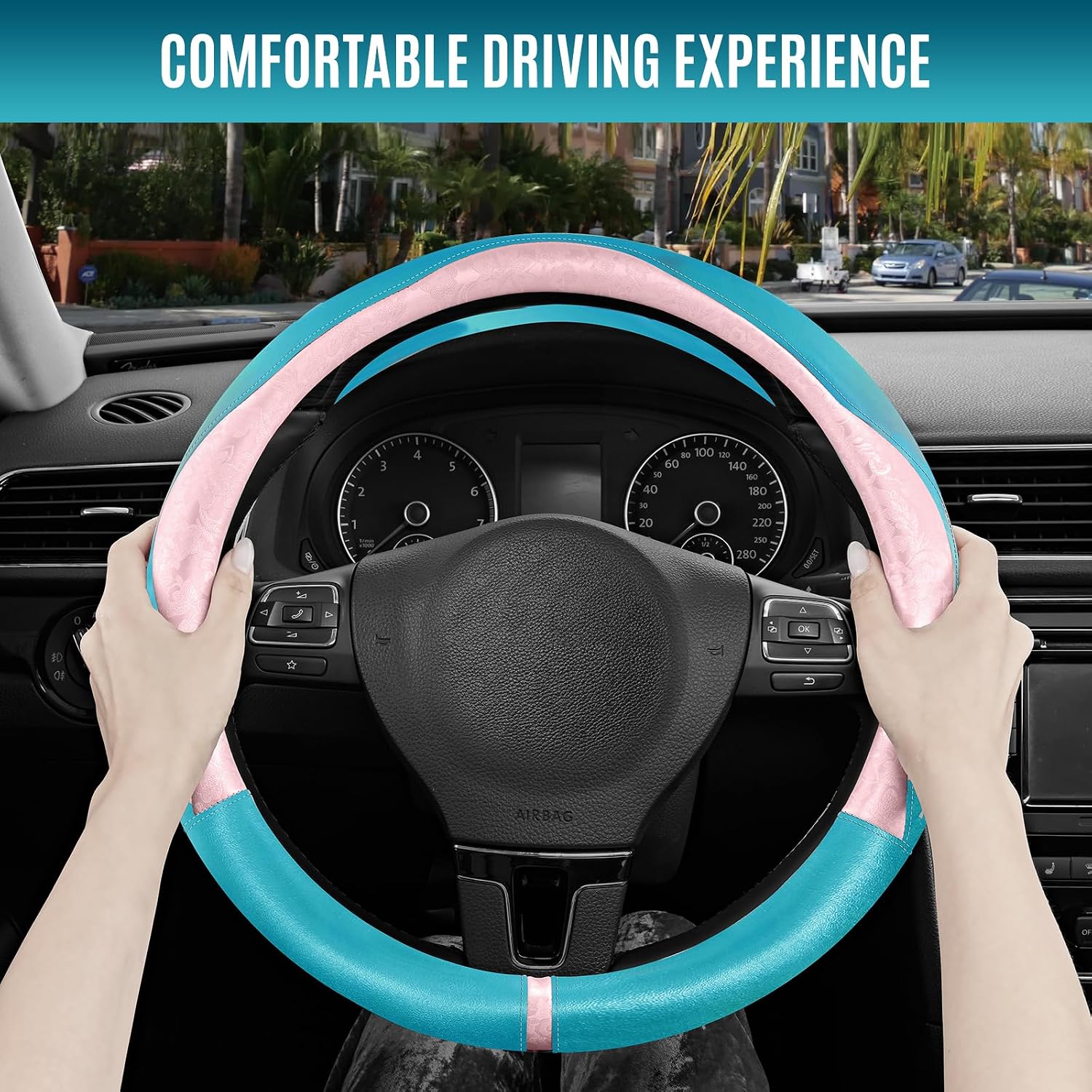 PIC AUTO Steering Wheel Cover, Pink Patterned & Blue Leather Patchwork Design, Universal Fit 14.5"–15.5", Anti-Slip, Odor-Free, Soft PU Grain Leather, Durable Grip Car Accessory for Girls & Women image 5