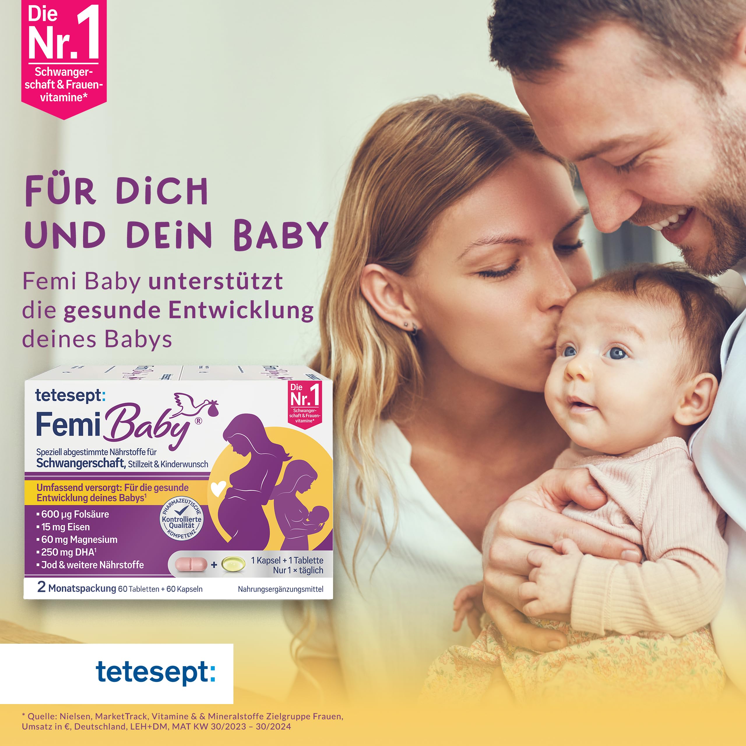 tetesept Femi Baby (2 Monatspackung) - Nahrungsergänzungsmittel für Kinderwunsch, Schwangerschaft und Stillzeit - Mit Folsäure, Eisen, DHA und weiteren Nährstoffen