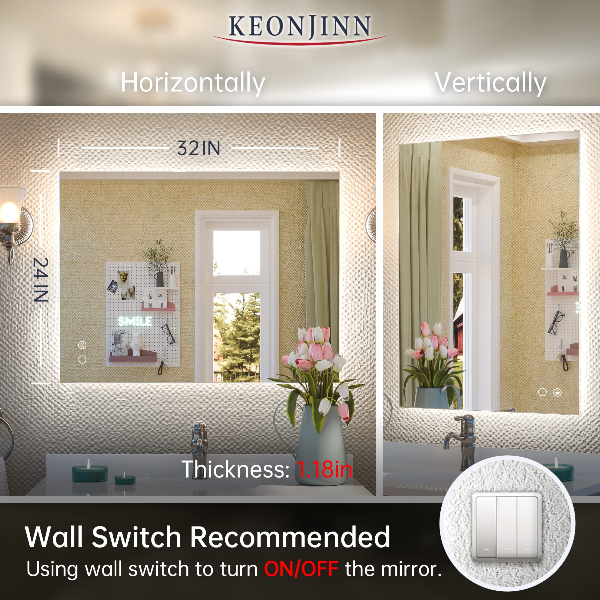 Keonjinn 24 x 32 Inch LED Backlit Mirror Lighted Bathroom Vanity Mirror ...