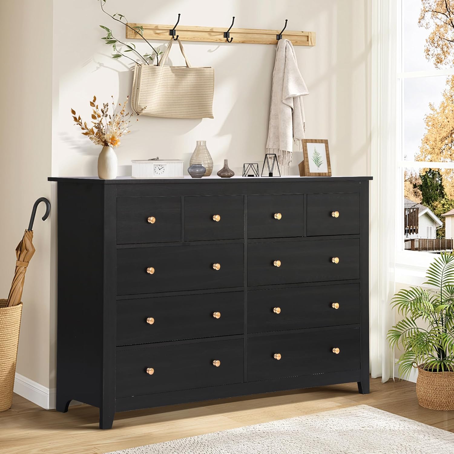 MAGIC UNION Dresser for Bedroom with 10 Drawers, Modern Chest of Drawers with Gold Knobs, 52 Inch Wooden Long Dresser, Storage Organizer Cabinet for Closet, Living Room, Hallway (Black)