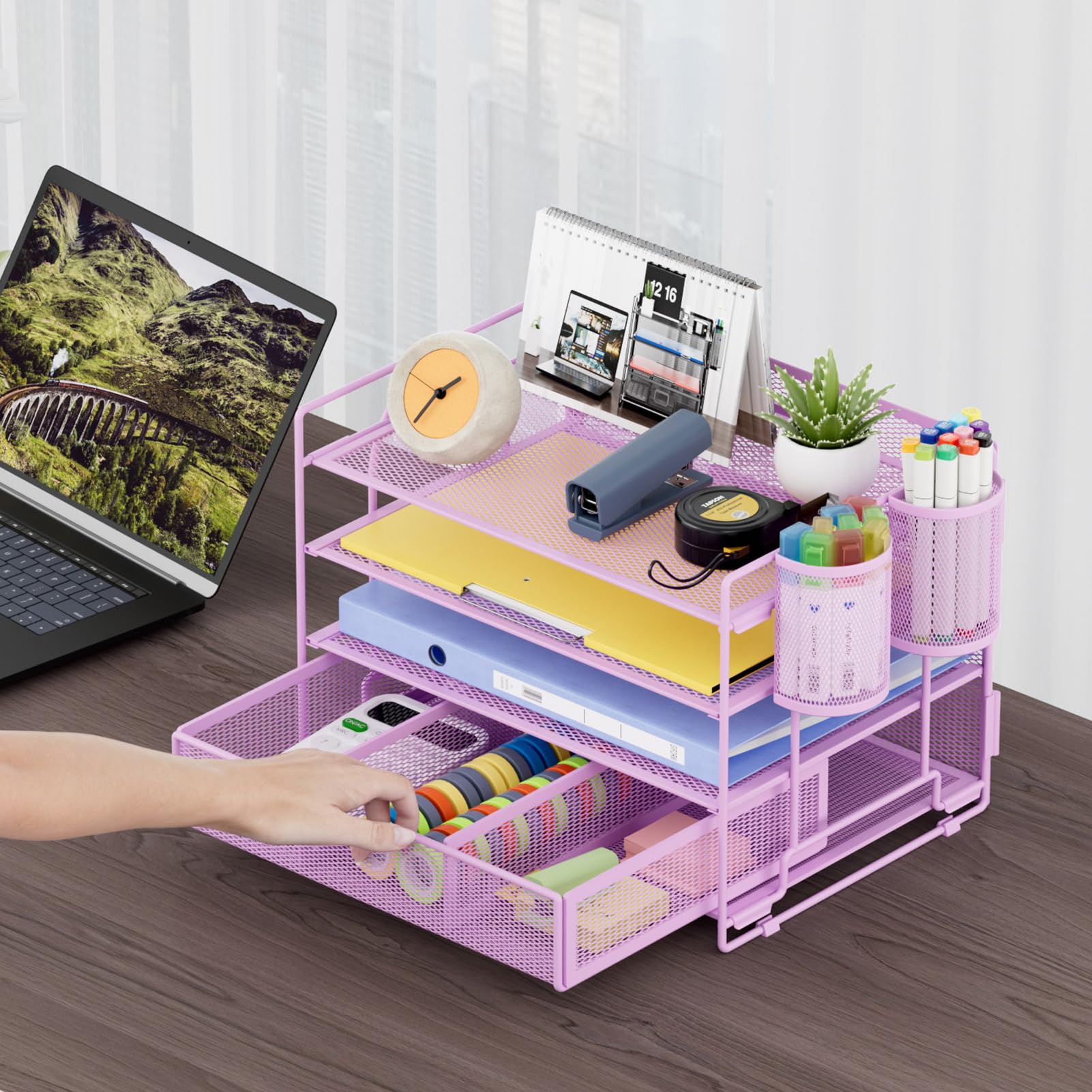 Marbrasse Organizer da scrivania a 4 vassoi con 2 portapenne, porta documenti da appendere al tavolo con cassetto, organizer per vassoio per lettere (viola)