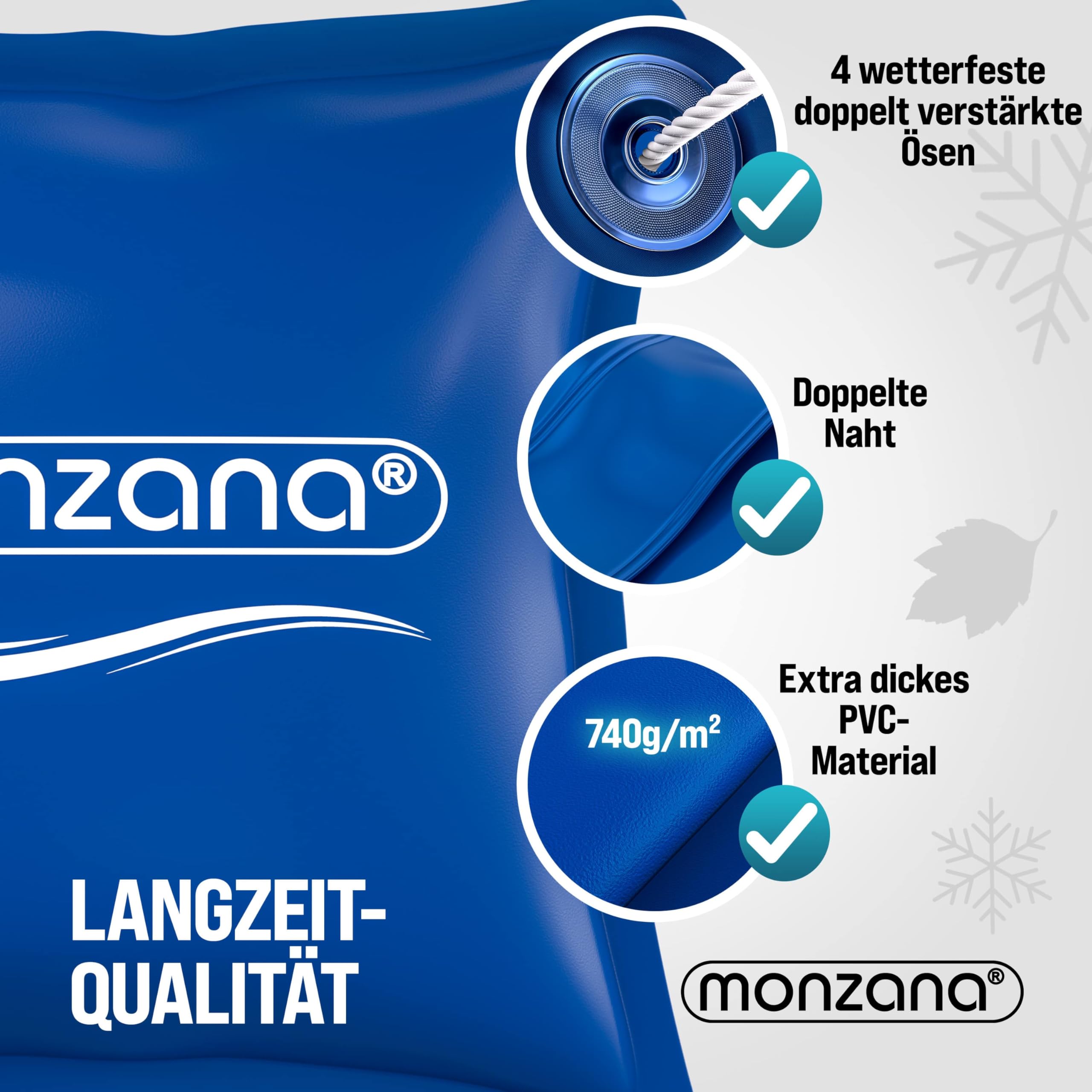 MONZANA® 6X Poolkissen Winter XL Chlorbeständig Seil PVC Verstärktes Material bis -20°C Doppelnaht Sicherheitsventil 4 Ösen Luftkissen Pool Abdeckung