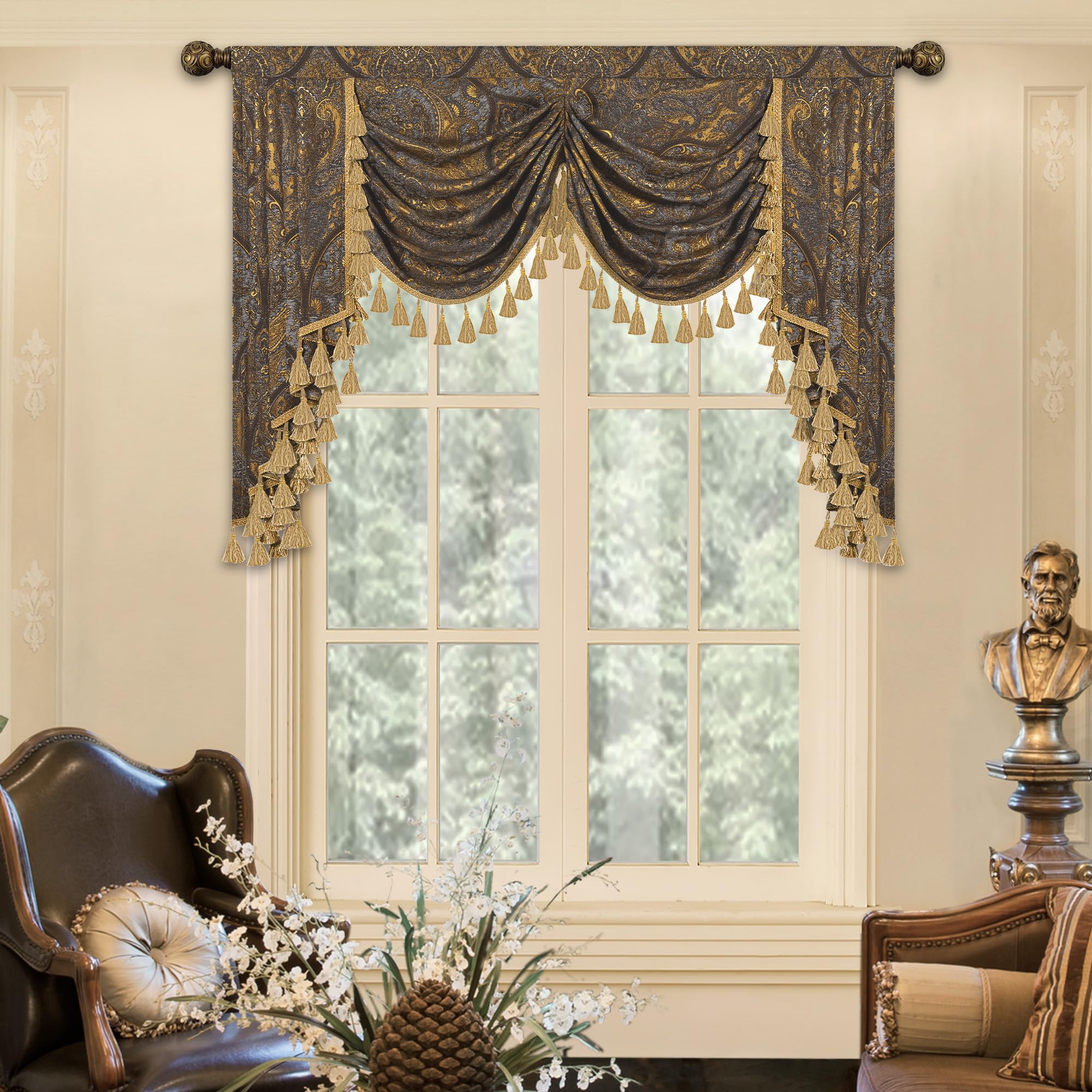 Loom and Mill Luxury Jacquard Waterfall Valance for Living Room, Classic Antique Swag Window Valances with Tassels, Bronze Gold Swag Curtains for