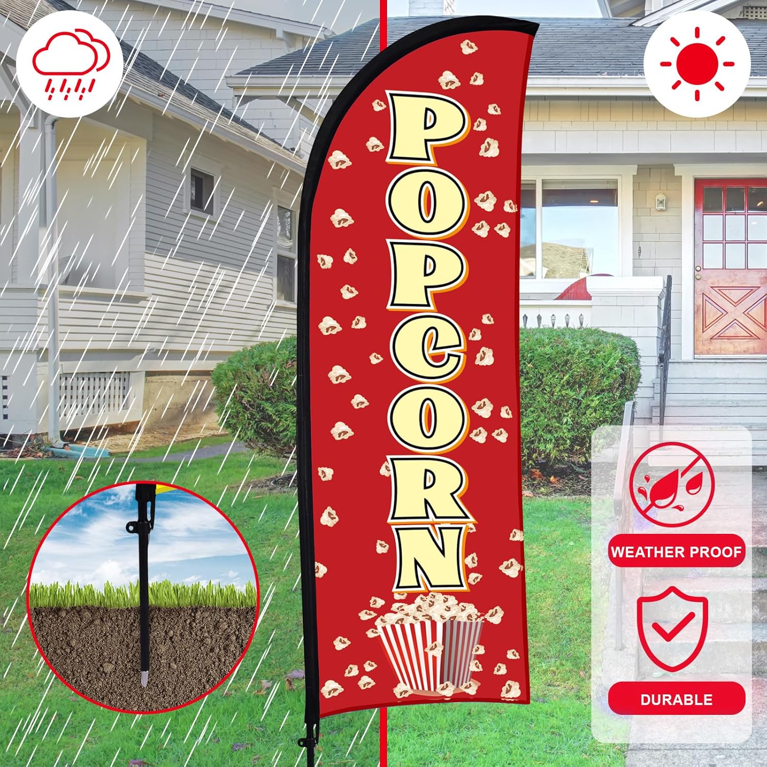 Buryeah 2 Sets Popcorn Feather Flag Pole Kit for Business Advertising 7 ft Fresh Popcorn Swooper Flag Banner Sign with Flagpole Ground Stake Portable Bag for Restaurants Food Trucks Events