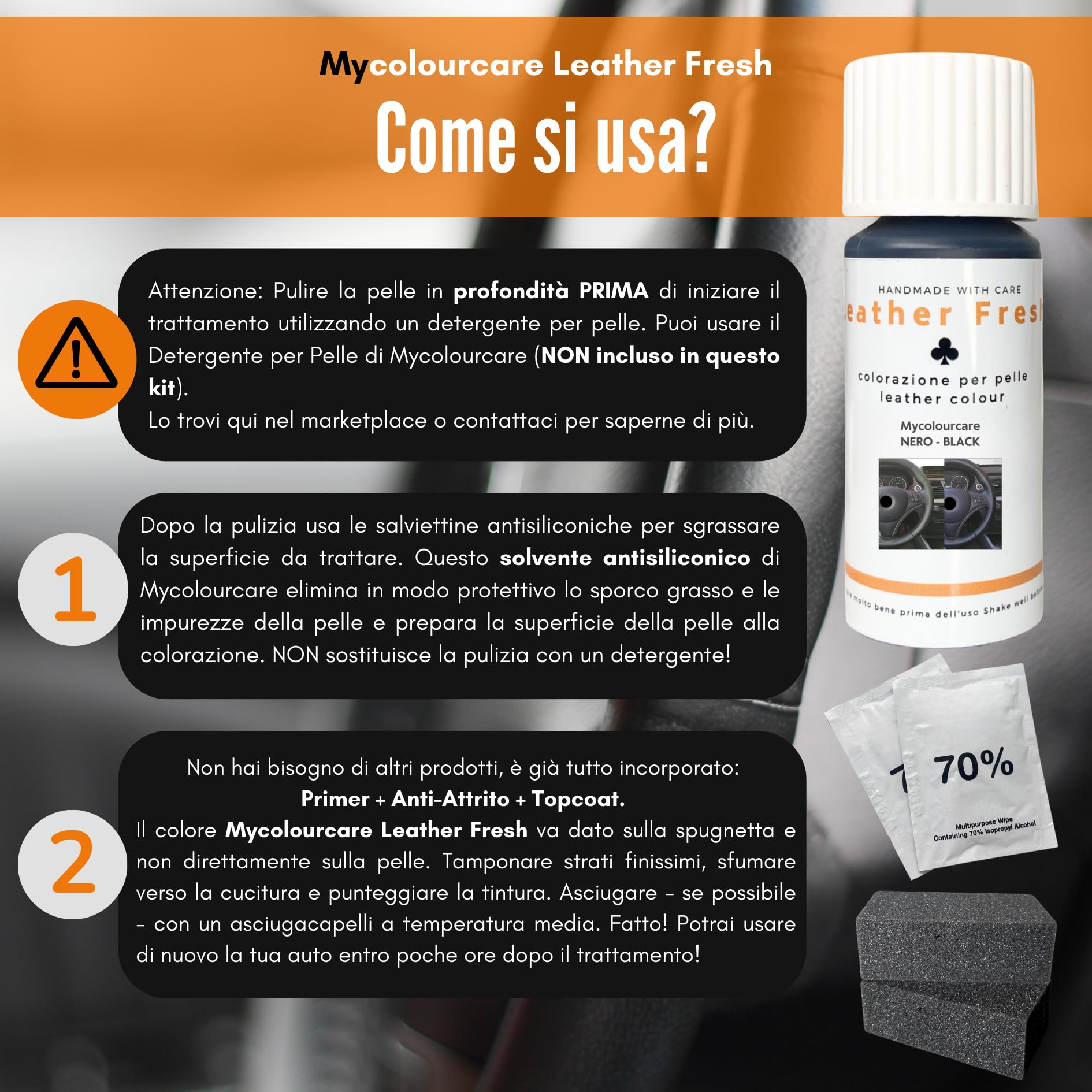 Colourcare24 Kit Ritocco Volante Nero in Pelle Similpelle Ecopelle Riparazione Cuoio Vernice - Alternativa al Coprivolante - Facile Applicazione