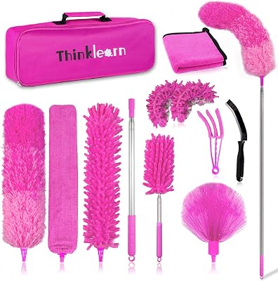 ThinkLearn Microfiber Dusters for Cleaning,14PCS Feather Dusters with Extension Pole,Bendable Washable and Extendable Duster for High Ceilings, Fans and Blinds House Cleaning Kit Pink Gift for Women