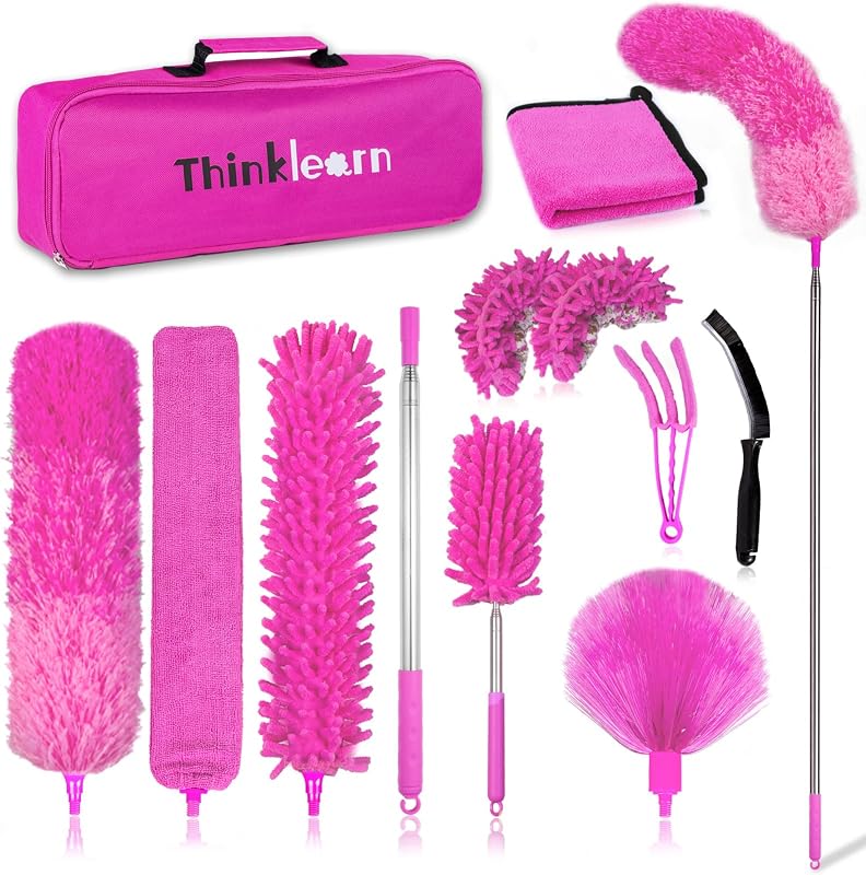 ThinkLearn Plumeros de microfibra para limpieza, 14 plumeros con barra de extensión, plumero flexible, lavable y extensible para techos altos, ventiladores y persianas, kit de limpieza para el hogar, regalo rosa para mujeres | Poste extensible, plumero flexible y lavable, 5 cabezales de cepillo, para ventiladores de techos altos, persianas, limpieza del hogar, regalo para mujeres