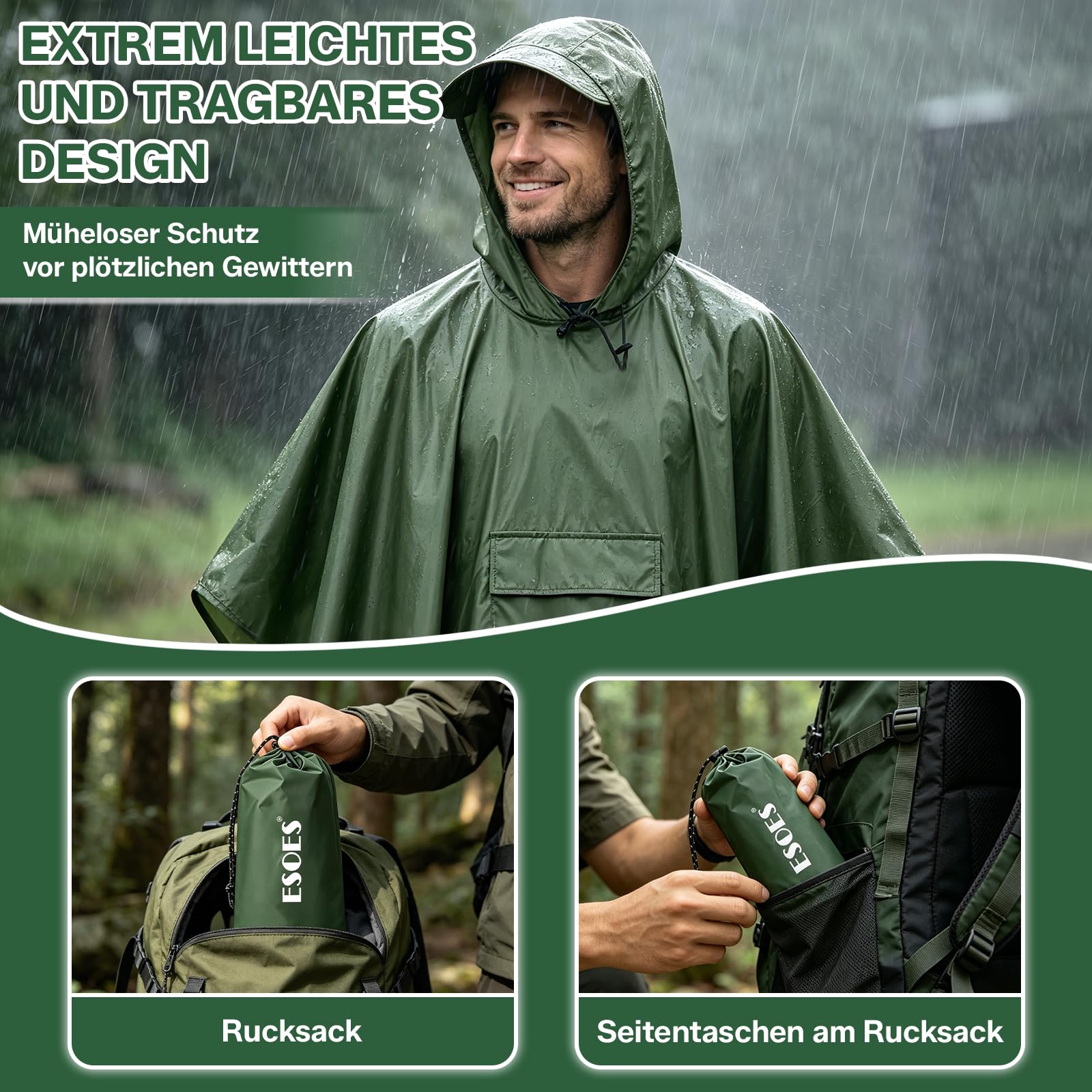Esoes Poncho impermeable ligero hombre y mujer, chaqueta impermeable multiusos para actividades al aire libre con capucha, bolsa plegable y cubrezapatos