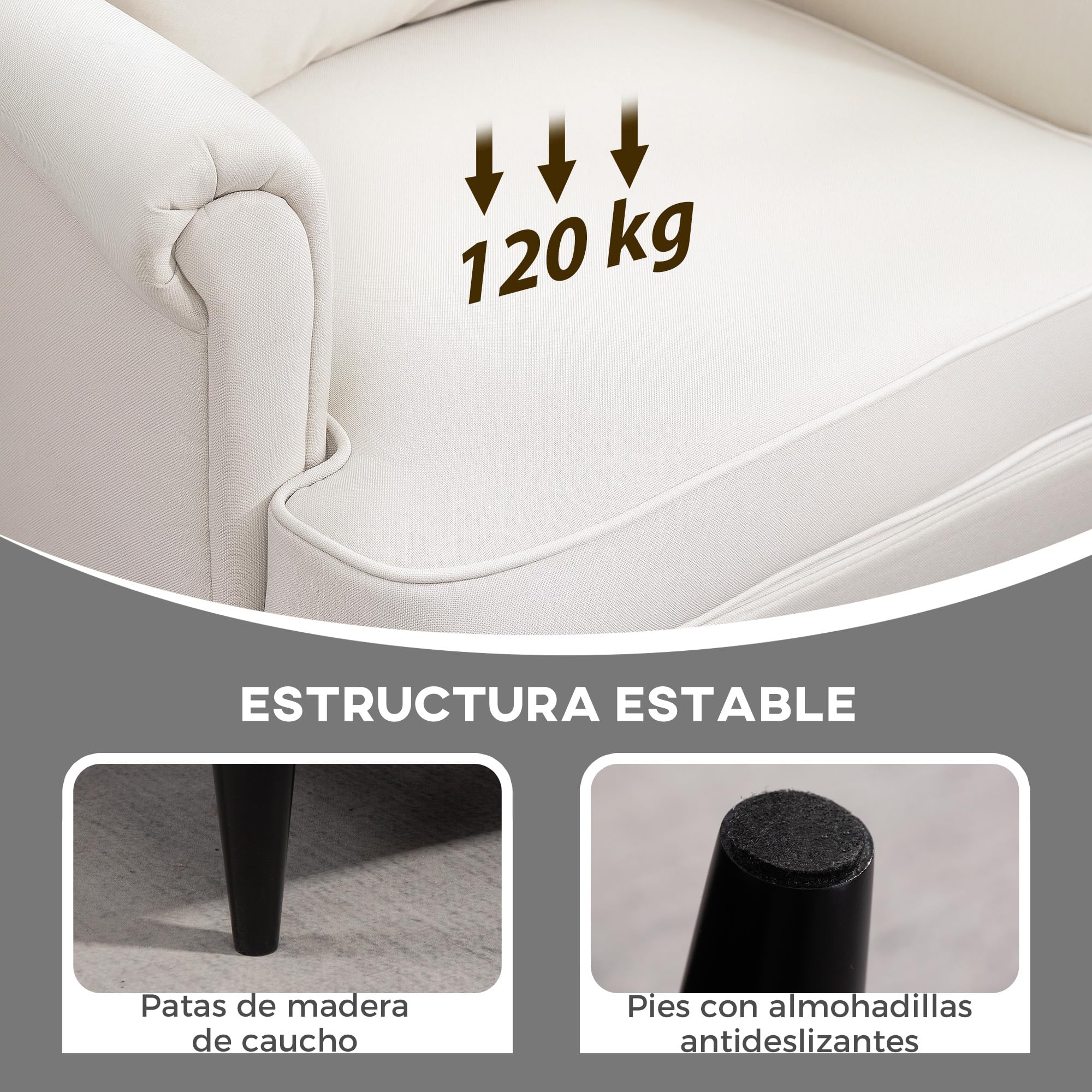 HOMCOM Sillón con Reposapiés Sillón Lectura con Respaldo Alto Beige | Capitoné, Patas de Madera, Almohada Acolchada, Tapizado en Lino, Butaca para Salón Dormitorio Oficina