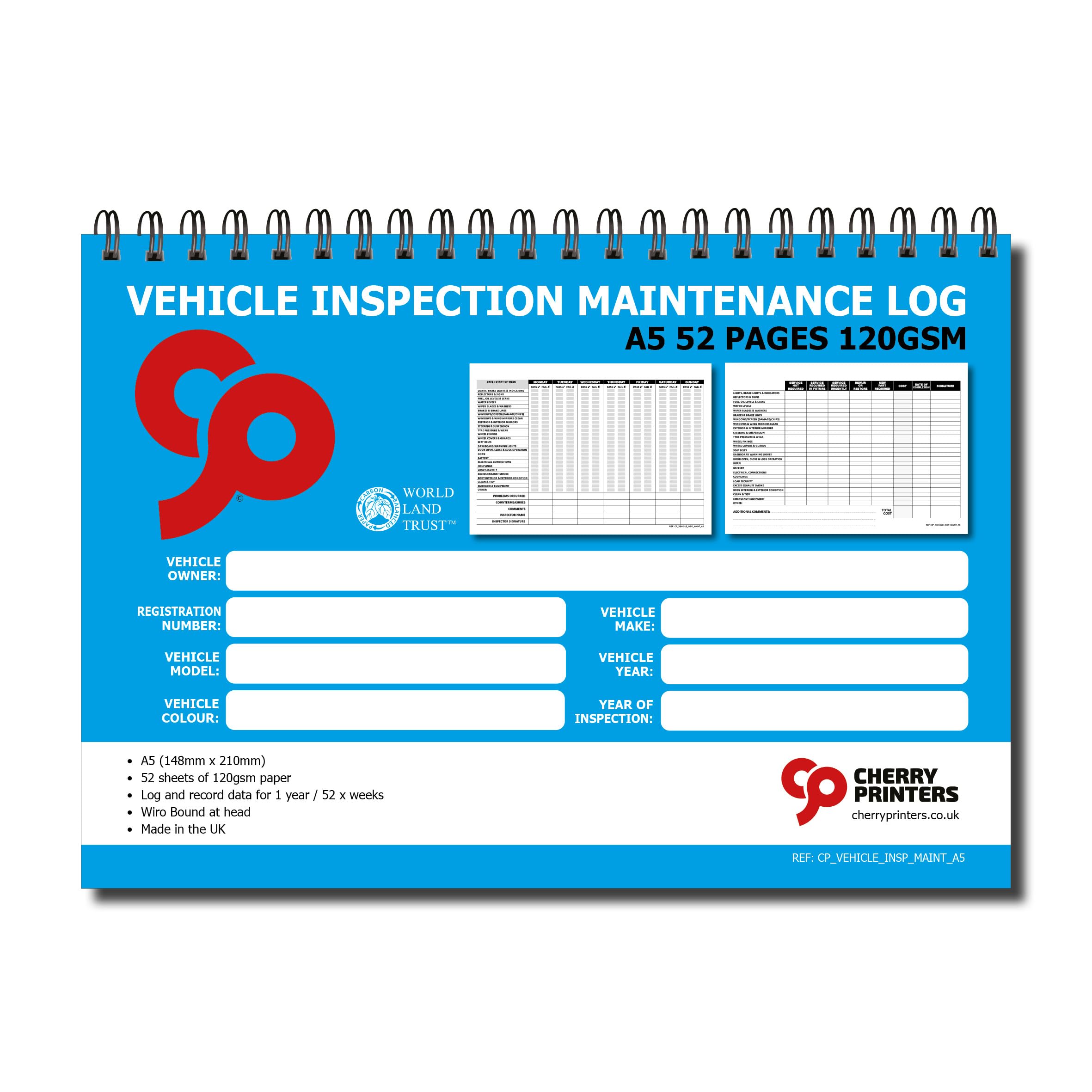 Cherry Printers Vehicle Inspection Maintenance Log Book | A5 Daily Vehicle Check & Fleet Service Record | 52 Week Inspection & Maintenance Log for Vans Lorries & Company Vehicles | Wiro Bound | 120gsm