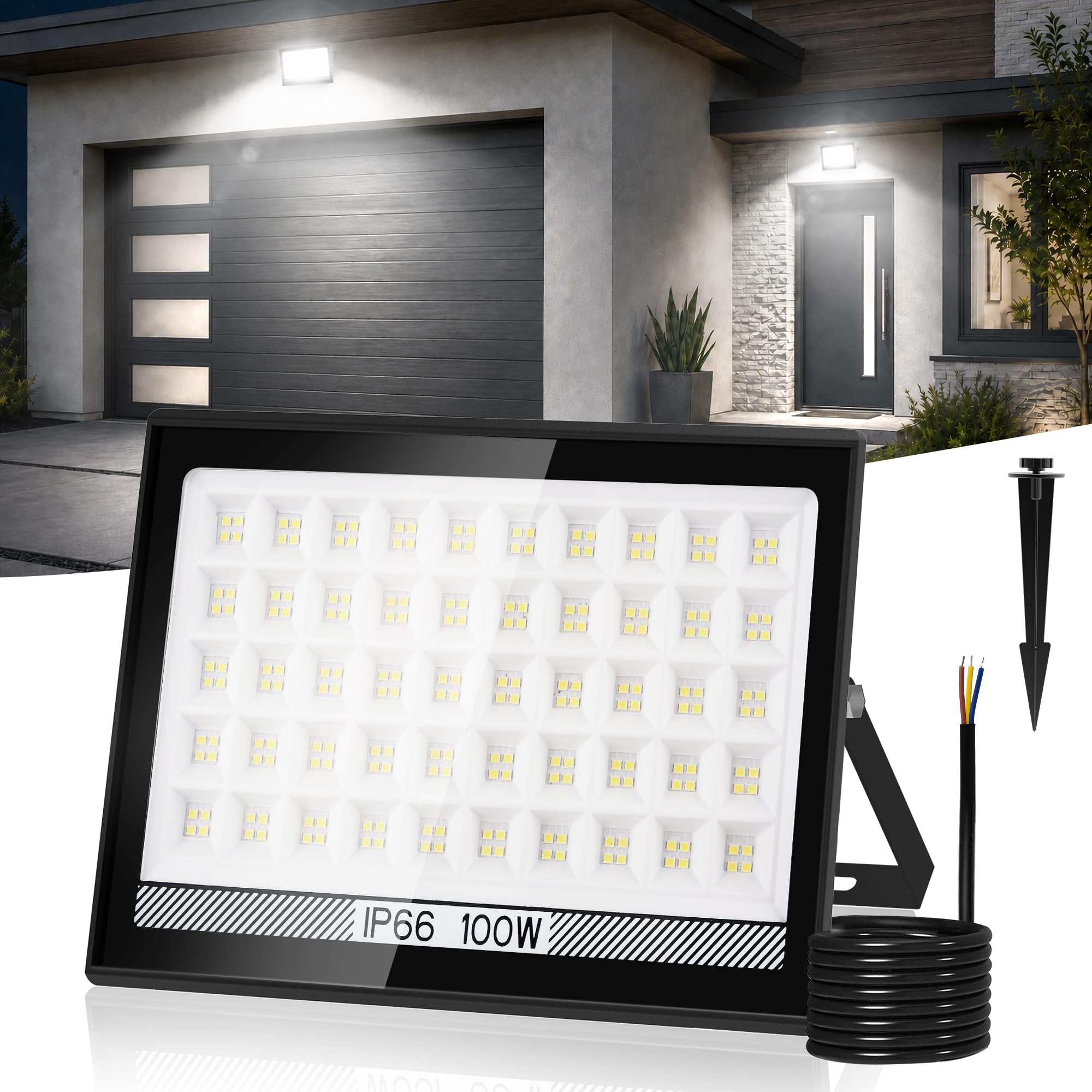 NATPOW 1 Pack Security Light LED Outdoor Waterproof, 100W Flood Light 10000LM, Cold White Wall Lights, Security Led Floodlight for Garage Warehouse Yard Garden