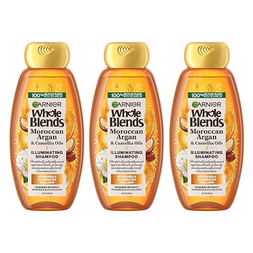 Garnier Whole Blends - Champú iluminador de aceites marroquíes de argán y camelia, para un brillo sedoso, 12.5 onzas líquidas, 3 unidades (el
