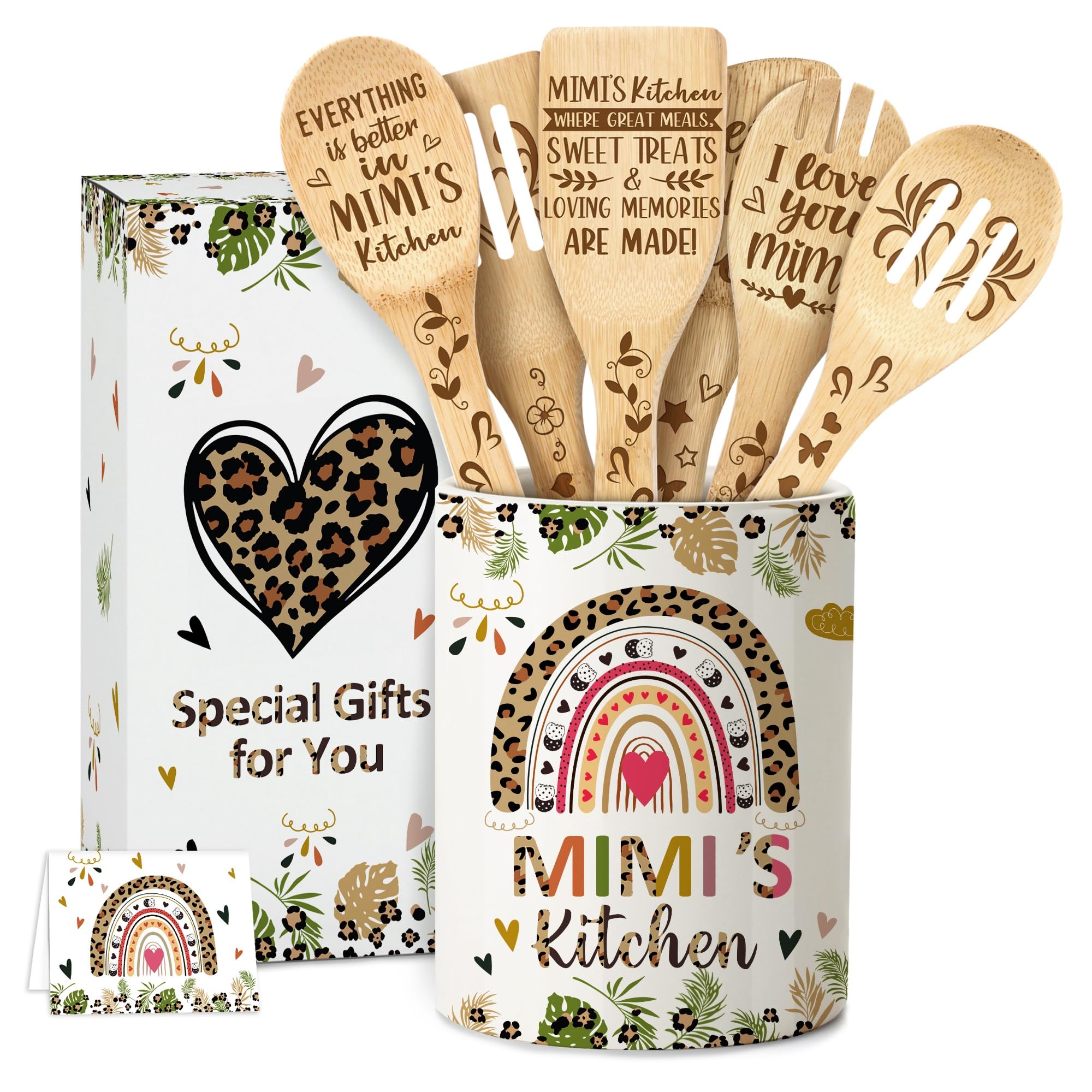 Mimi Gifts, Ceramic Utensil Holder for Cooking with Wooden Spoons Mothers Day Gifts for Mimi From Grandkids, Mimi Birthday Gifts Cooking Tools Kitchen Utensils Set with Wooden Spoons for 6