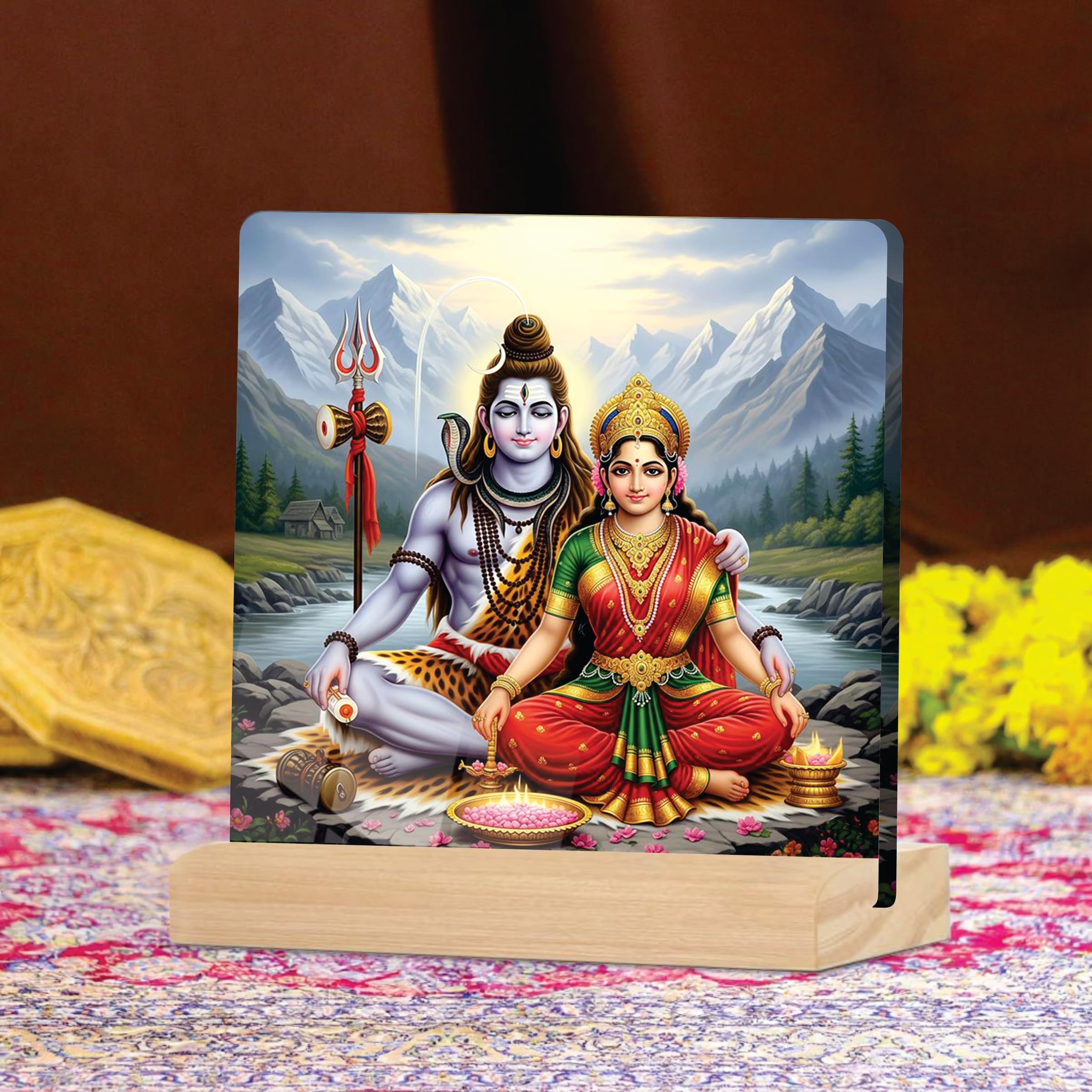 Giftplease Placa Parvati del Señor Divino Shiva y la Diosa con soporte de madera, marco de fotos religioso para el templo del hogar, habitación Pooja, oficina y regalo espiritual para inauguración de
