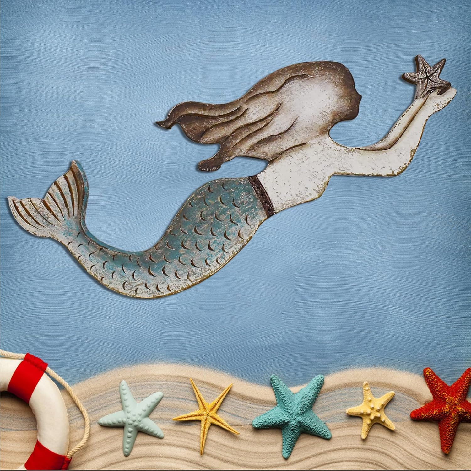 Morning View Wooden Mermaid Wall Decor Nautical Decoration Hanging Mermaid Plaque Large Wall Art Rustic Coastal Beach Ocean Sea for Bathroom Decor Home House 30.5X11 Inches(Teal)