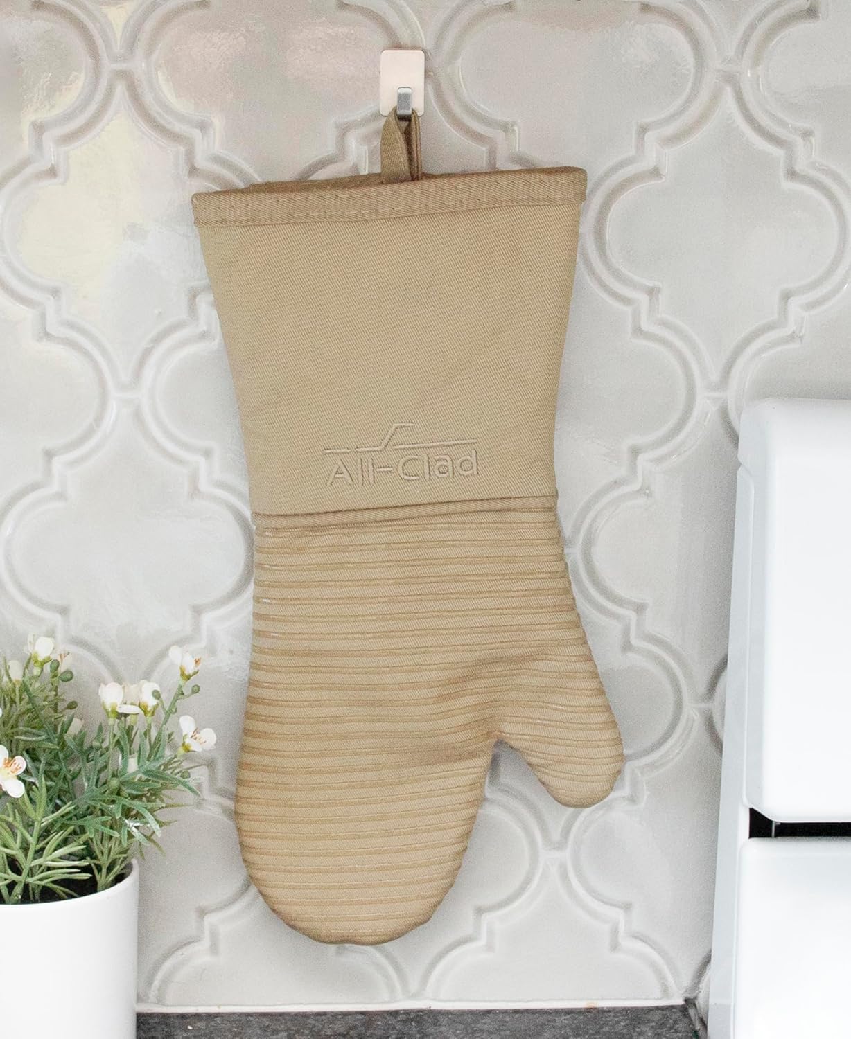 All-Clad Silicone Oven Mitts: Heat Resistant up to 500 Degrees - 100% Cotton & Silicone, 14x7 Oven Mitt for Kitchen and Barbeque, 2-Pack, Cappuccino