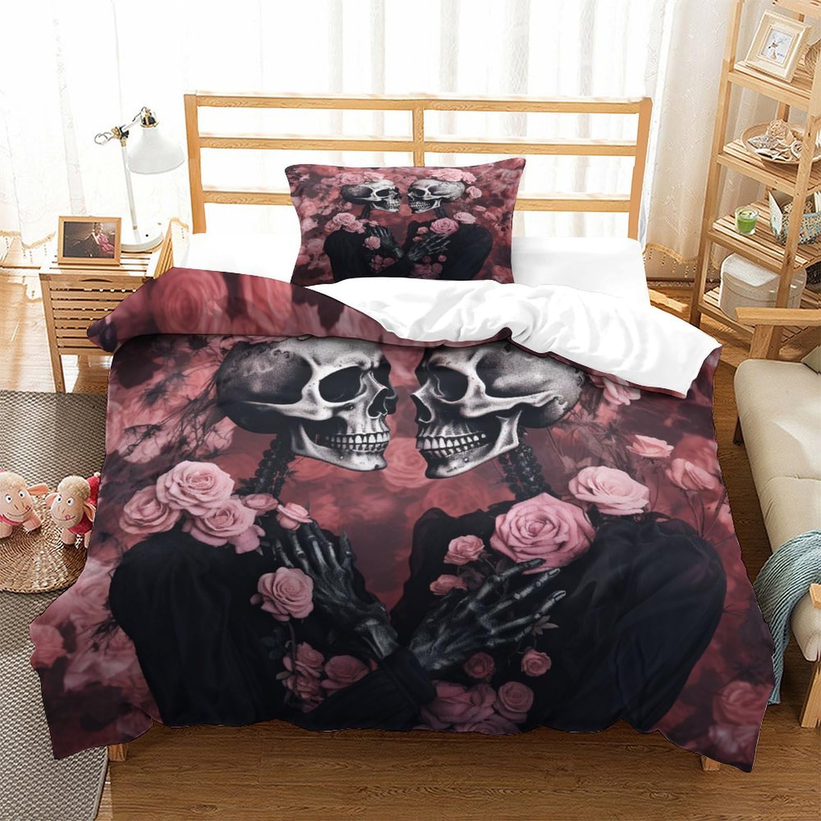 P1S9U7W5Y Elegant Skull Rose 3D Printed Duvet Cover Set 3pcs Microfiber Skull Rose Bedding Set Single