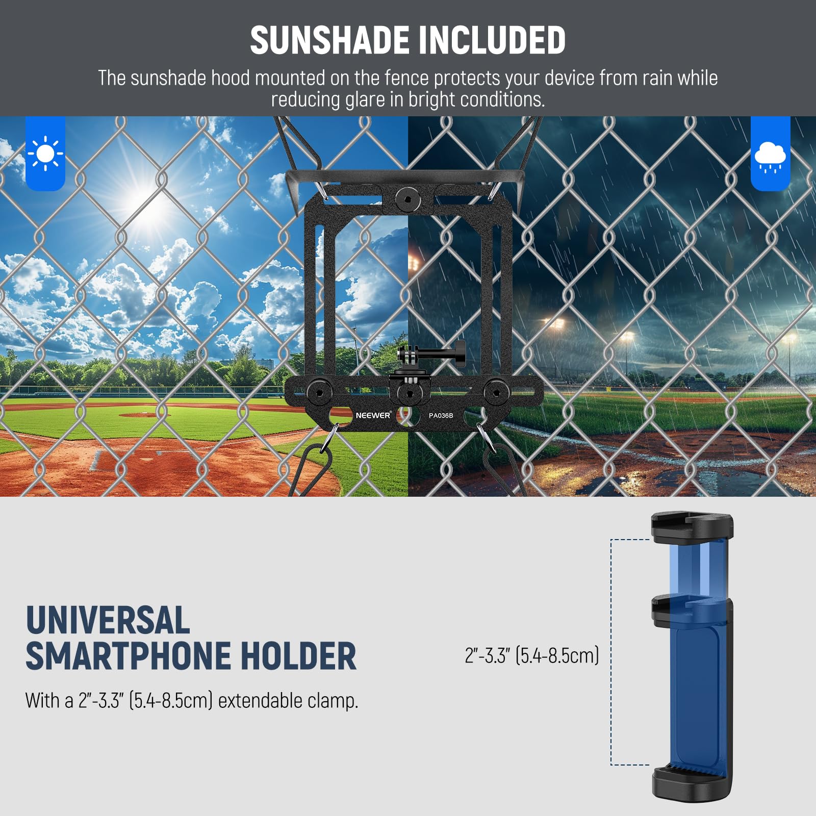 NEEWER Supporto Recinzione+Parasole Compatibile con iPhone Mevo Camera GoPro Insta360 DJI Pocket Radar Game Changer App, Kit Supporto in Metallo e Portatelefono per Streaming Video di Baseball, PA036B