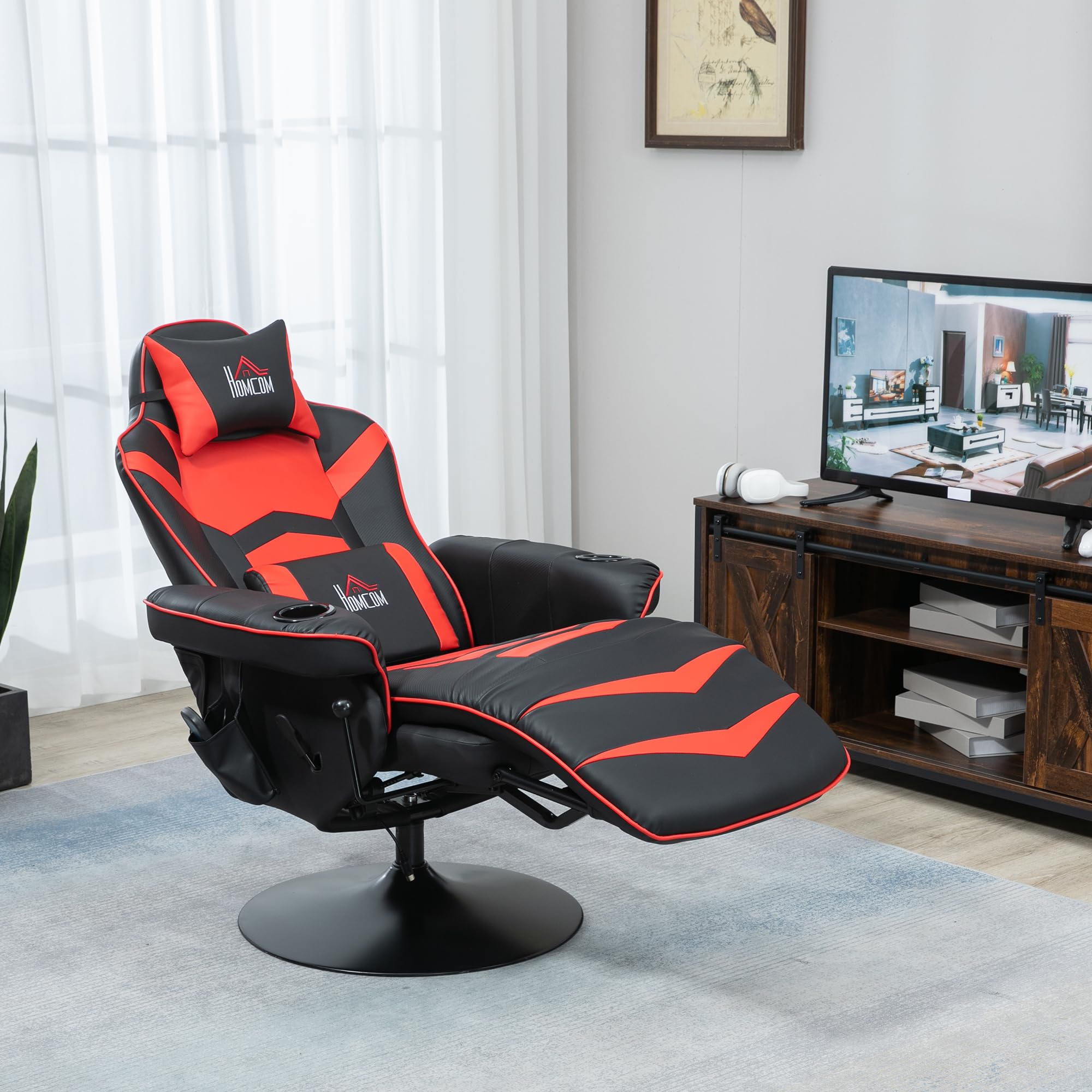 HOMCOM Sedia da Gaming Massaggiante e Reclinabile con Poggiapiedi, Portabicchieri e Cuscino, Sedia Ergonomica in Finta Pelle, Acciaio, 79.5x82.5x111.5 cm, Nero e Rosso